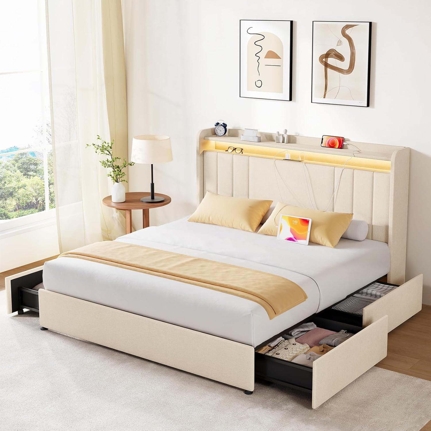 koorlian King Size Bed Frame with Storage, 51'' Tall Headboard Upholstered Platform Bed with 4 Dustproof Drawers, 2-Tier Storage Headboard Wingback,