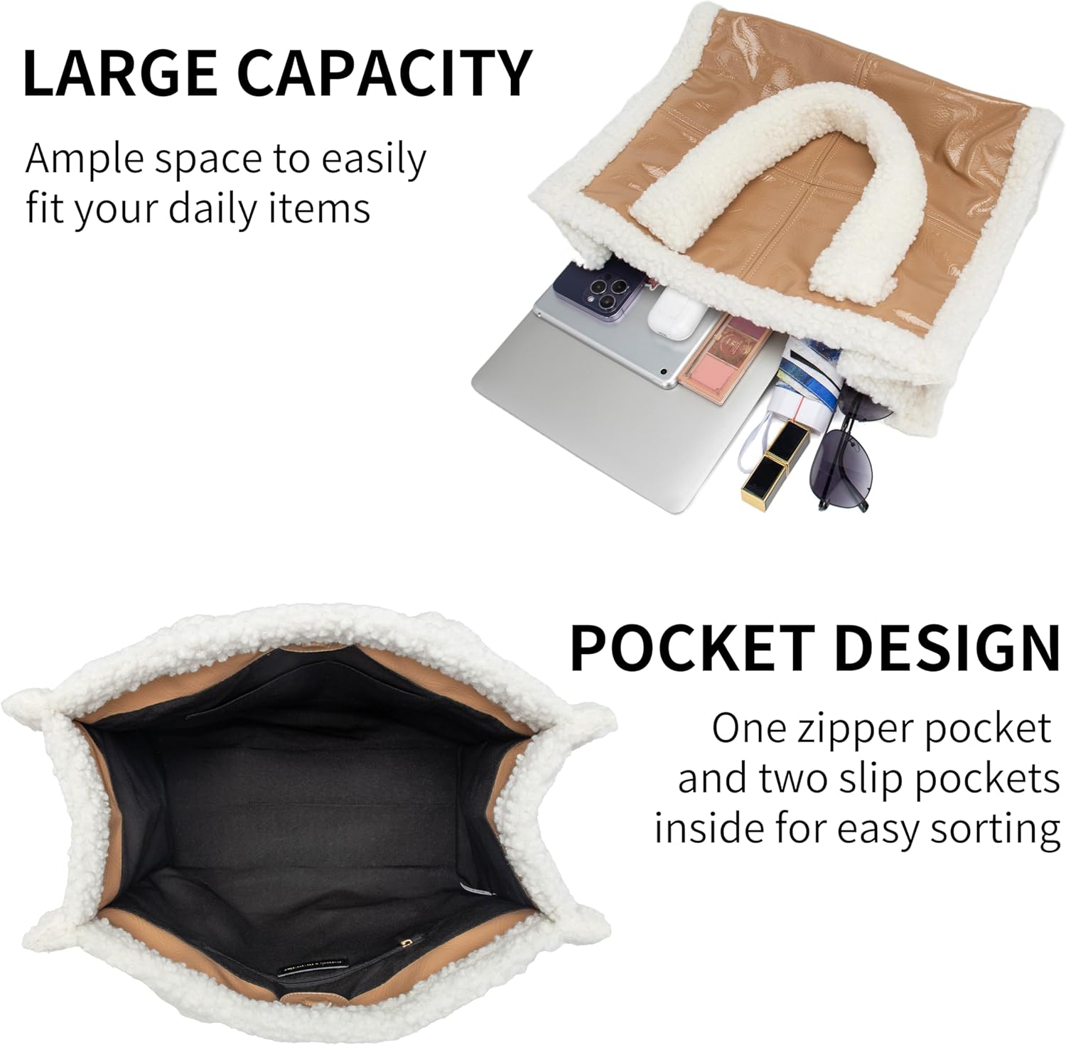 DUBELlE Faux Fur Tote Bag for Women PU Leather Shearling Purse Large Handbag with Furry Top-handle Fluffy Sherpa Shoulder Bag - Image 4