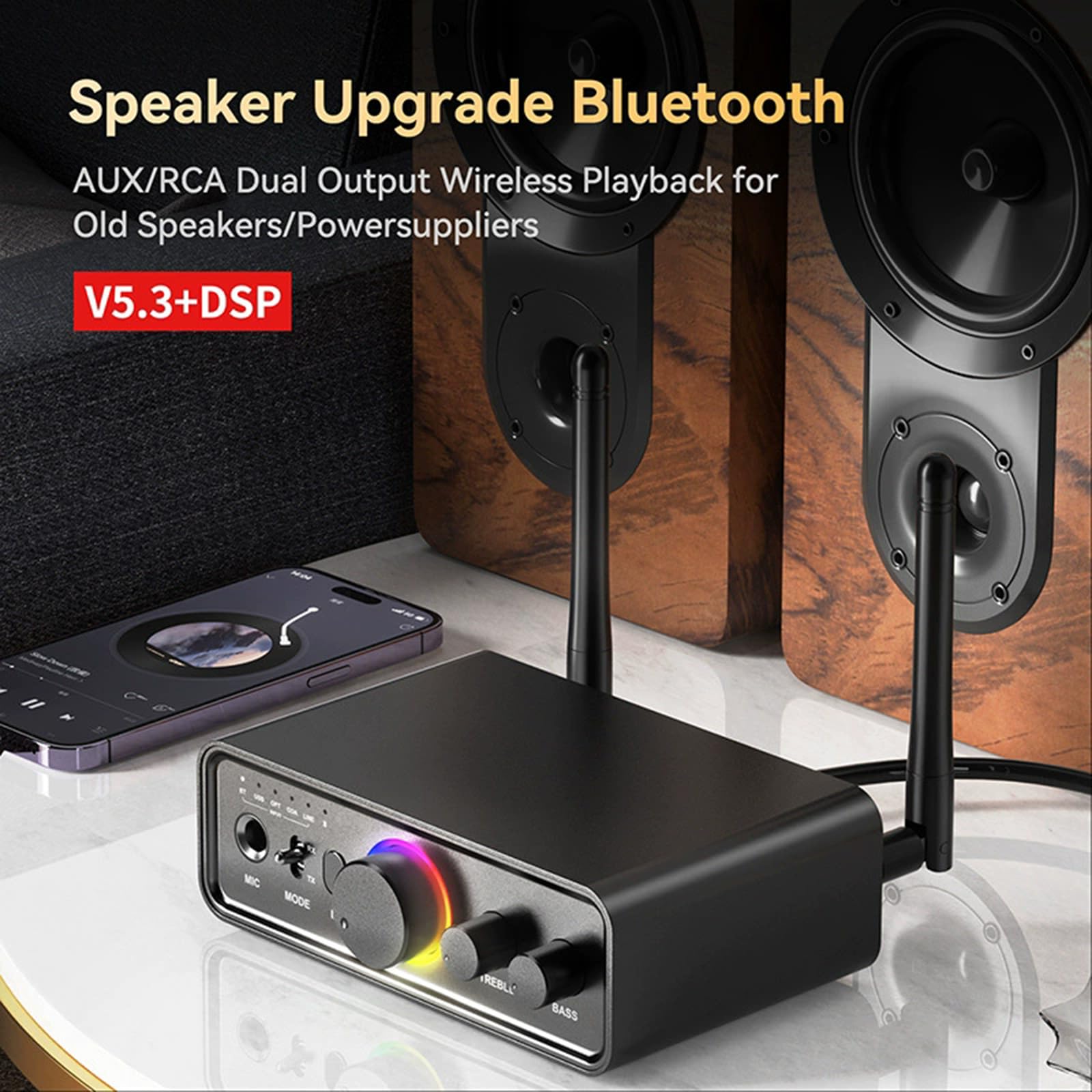 Adaptador de audio inalámbrico Bluetooth 5.3, receptor transmisor 2 en 1 con soporte AUX/RCA/óptico/USB para TV, PC, auriculares, KTV y estéreo doméstico