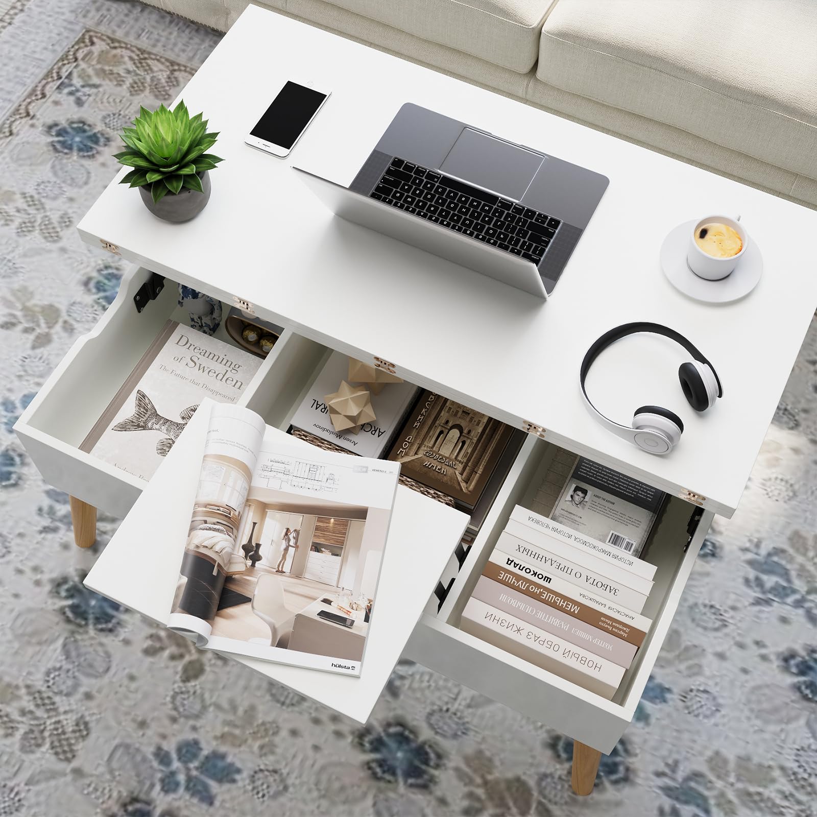 VOWNER Mesa Centro Elevable, 3 en 1 Mesa de Salón Multifuncional, Extensible, Convertible de Comedor de Salón, 100L x 100W x 72H cm, Blanca