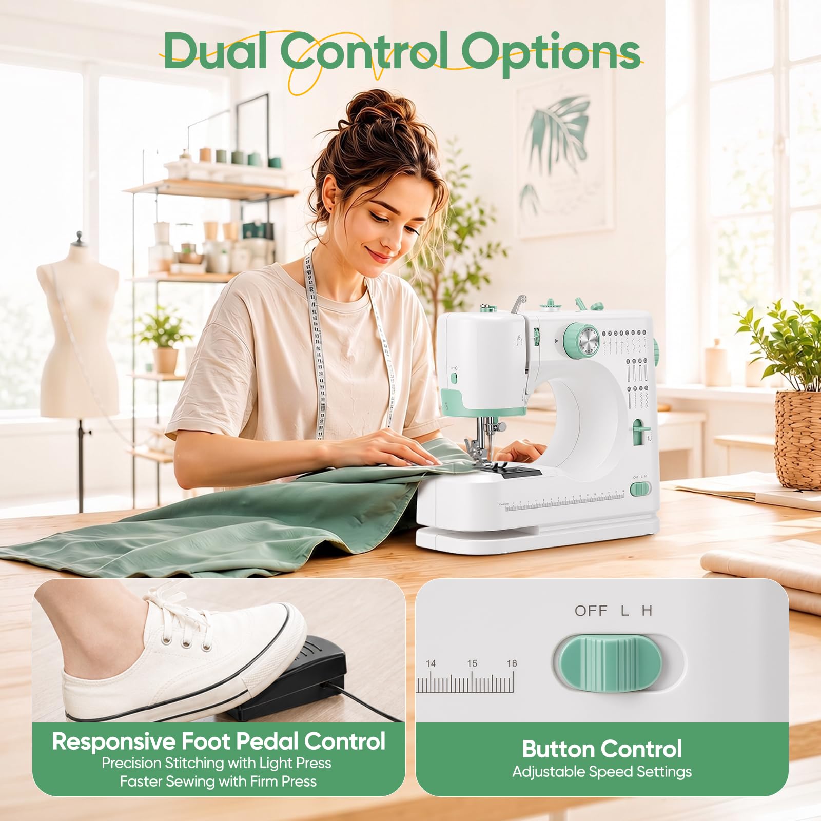 Máquina de coser para principiantes, 16 puntadas, juego de 42 accesorios | Máquina de coser portátil con luz LED, pedal de pie, máquina de coser compacta para retocar denim, algodón y tela normal