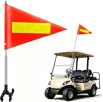 Safety Golf Cart Flag with Reflective Strip and 5.3 Ft Flagpole and Mount | Orange Flags Double Sided Waterproof 25x35cm with Clamp Mount for ATV, Bike, Trailer, Wheelchair, Scooter, Stroller