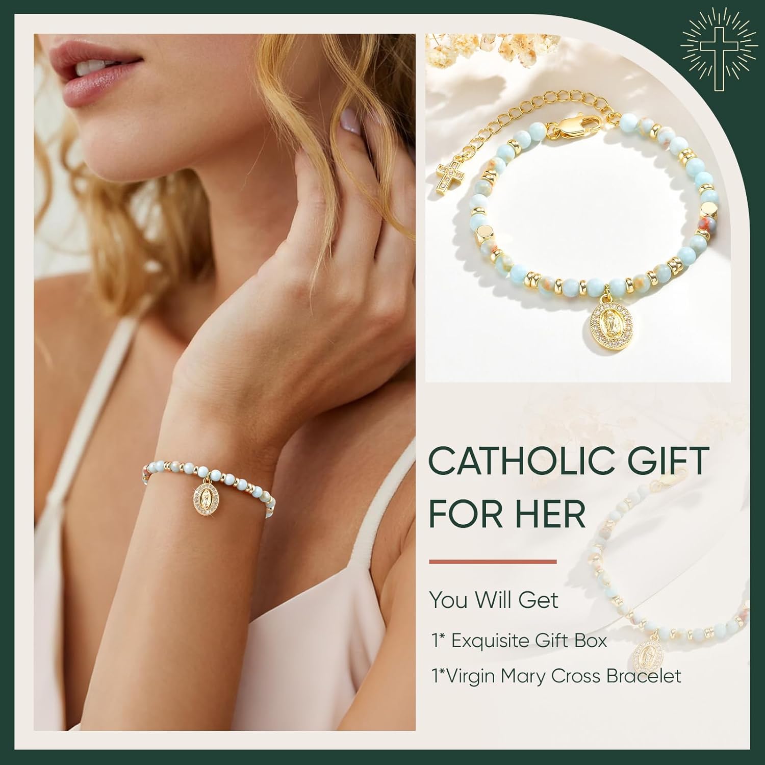 Women's Gold Virgin Mary Bracelet - 14K Gold Plated Religious Cross Bracelet,Dainty Golden Catholic Virgen De Guadalupe Cross Beaded Jewelry,Faith Confirmation Baptism First Communion Gifts for Women - Image 3