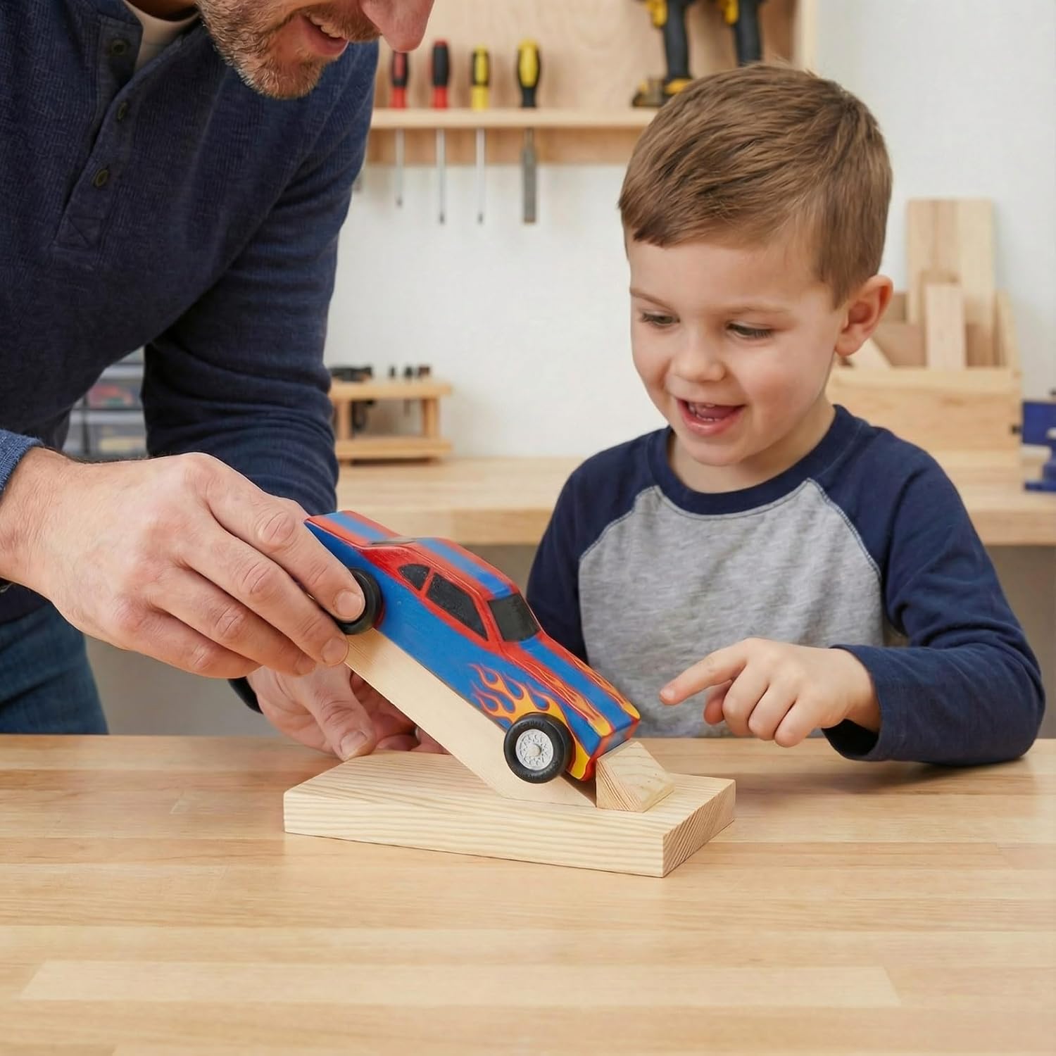 Novabright 6 Pack Derby Car Display Stand Wooden Car Racer Rack Showcase and Store Your Race Cars Stable Safe Kit Supplies