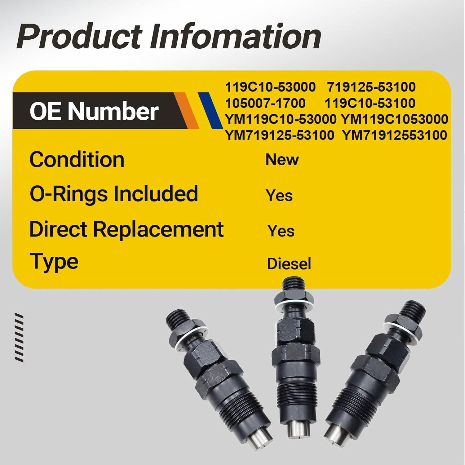3pcs 119C10-53000 119C10 53000 Fuel Injector 719125-53100 105007-1700 119C10-53100 for Yanmar 3YM30AE 3TNM72 3TNV74F 3TNV80F 3TNV74 Engine John Deere for Mahindra Tractor eMax 20S