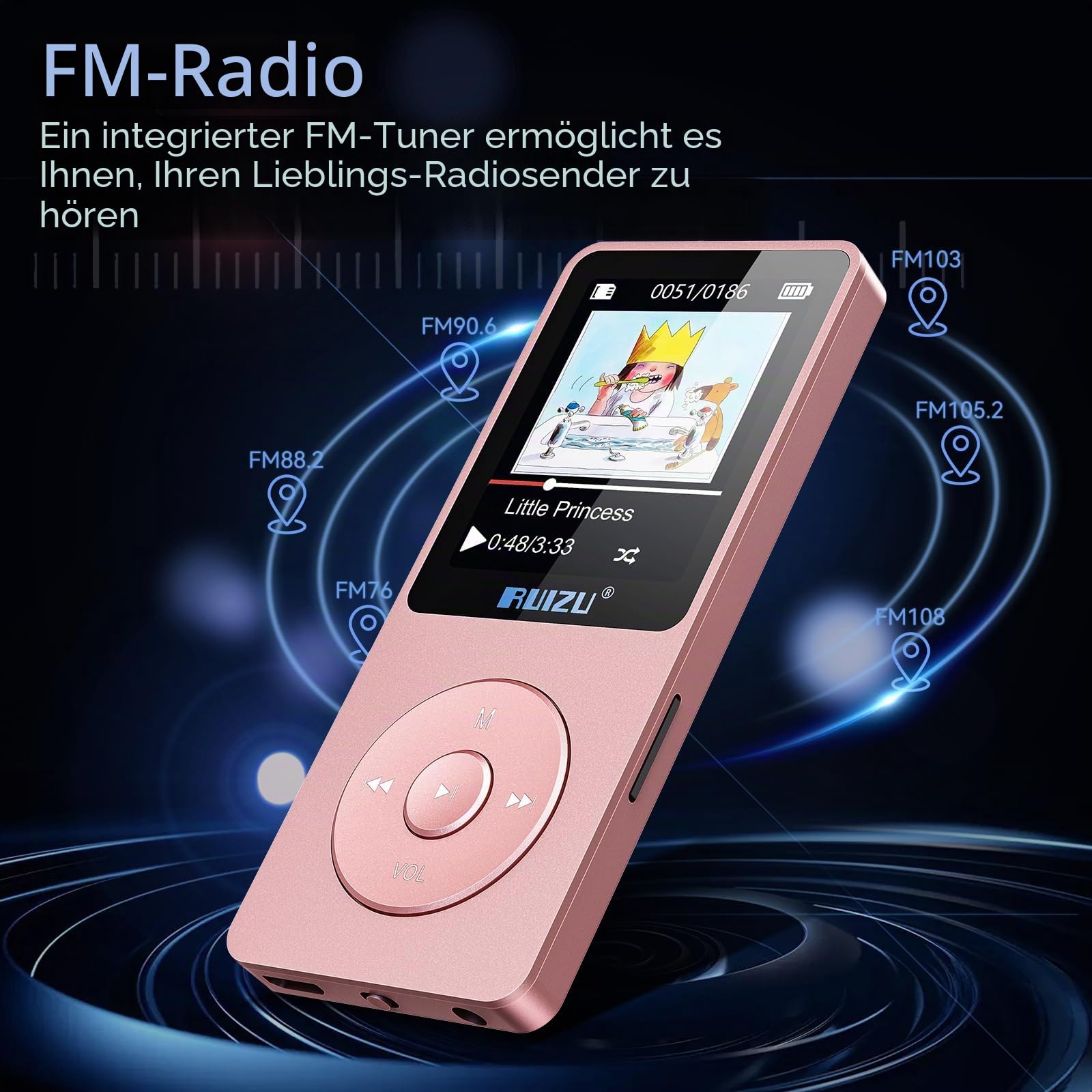 RUIZU 32GB MP3 Player with Bluetooth 5.3, 1.8" Screen Portable Music Player, FM Radio, Voice Recording,80H Digital Audio Video Playback,Support 128GB，Rosagold