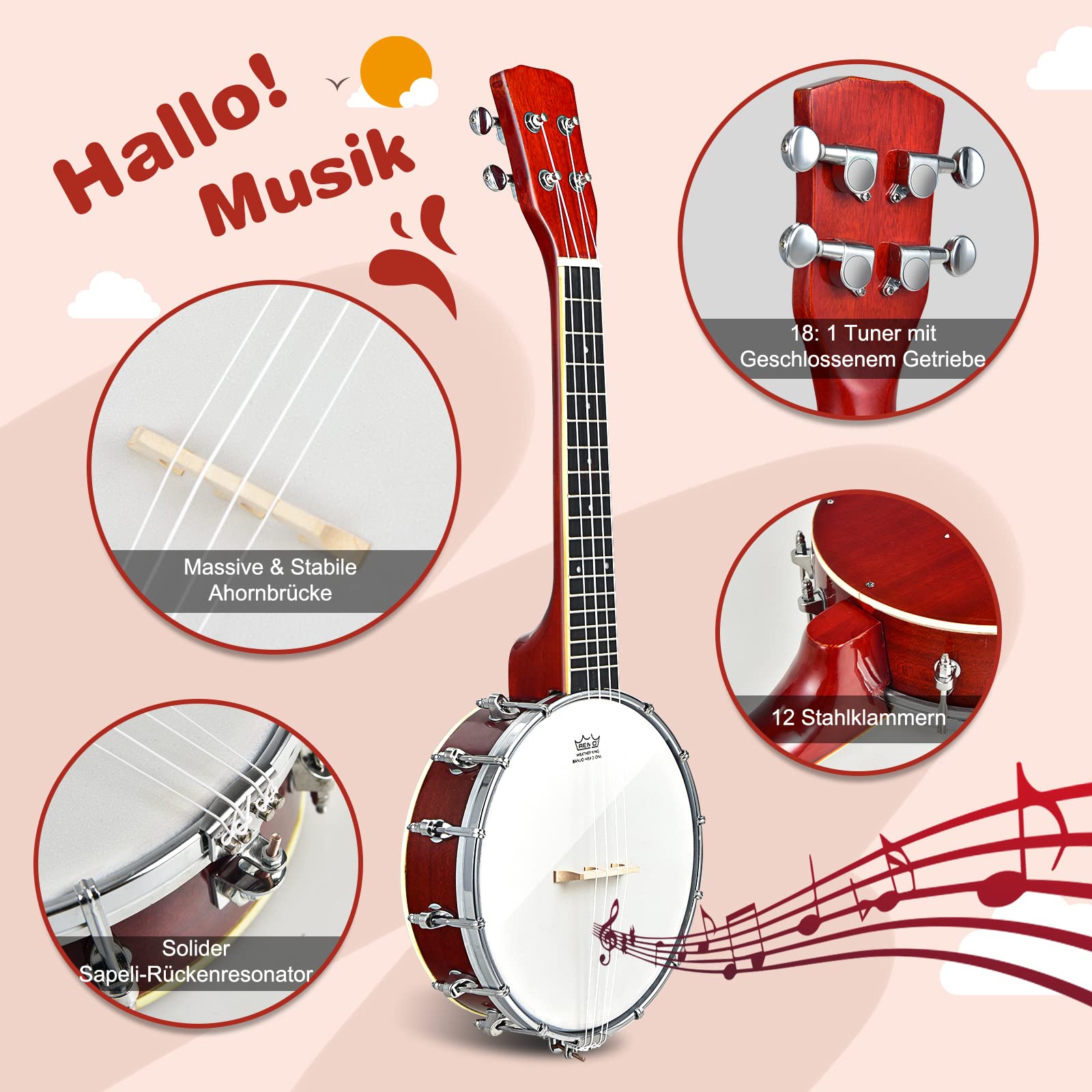 COSTWAY 4 Saiten Banjo 24 Zoll mit Reinigungstuch, Stimmgerät, Gurt, Saiten, Tasche, Reise Banjolele Set Ukulele für Kinder & Anfänger