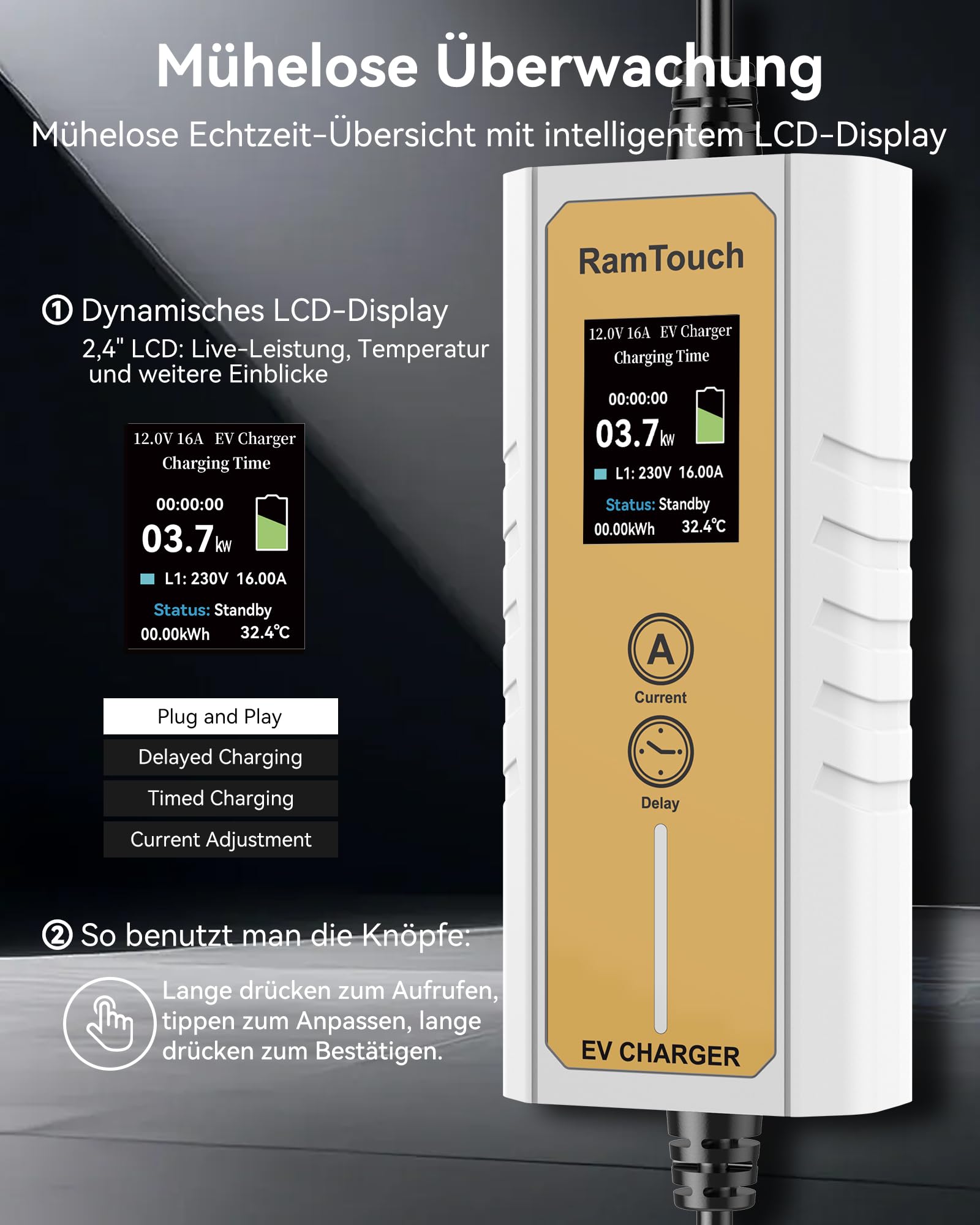 Elektrisches Kfz-Ladegerät (3,7 kW, 10,5 m, Typ 2, CEE P17 16 A) – Ladekabel mit Einstellbarer Ampere 6A-16A, verzögerte und programmierte Ladung, Mobile Ladestation für EV und PHV