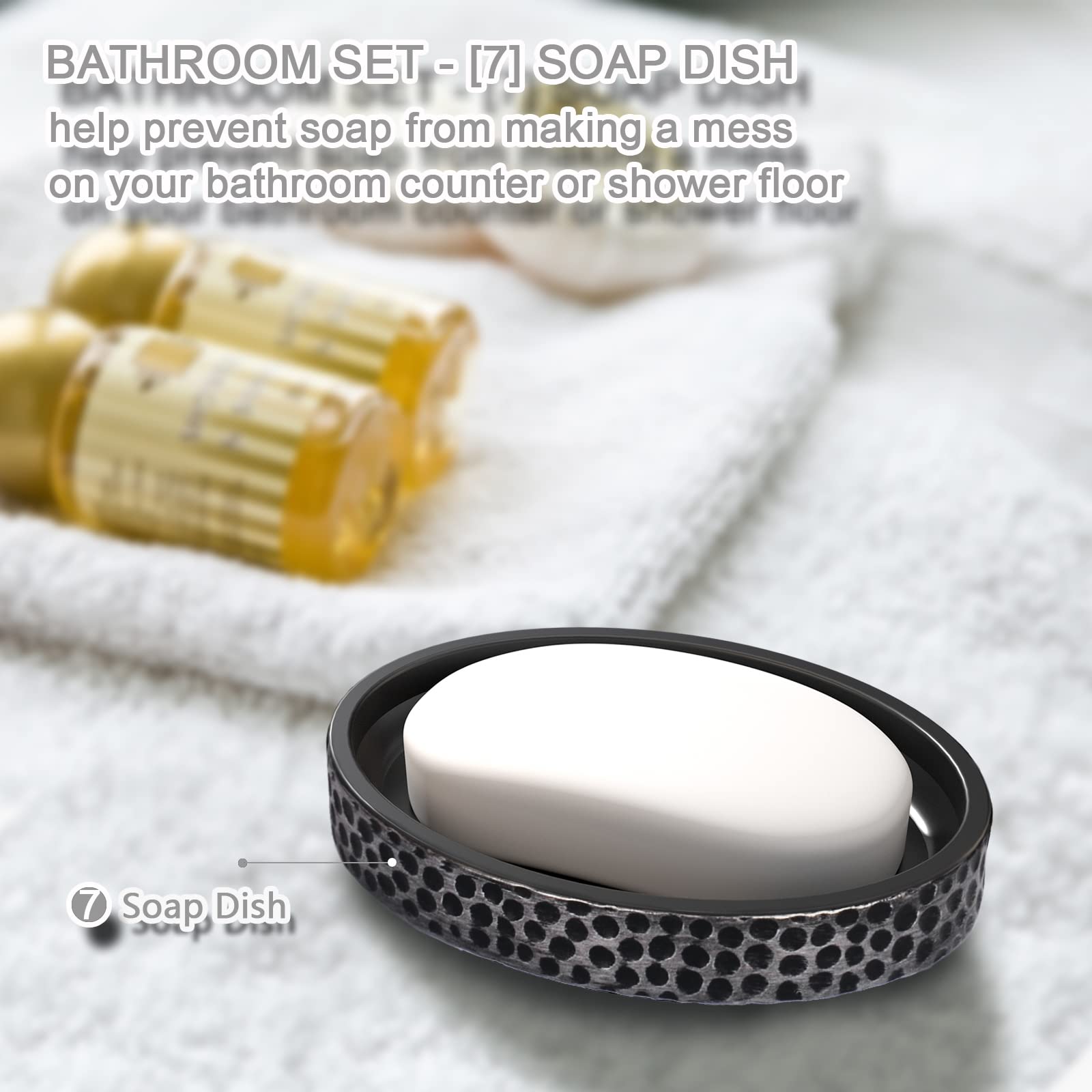 Badezimmer Zubehör Set, LKKL 7-teilig Bad Set mit Mülleimer Seifenspender Seifenschale Zahnputzbecher Zahnbürstenhalter Qtip Halter Badezimmer Tablett Modern Bad Accessoires Komplettset, Silber
