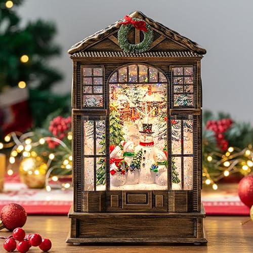 Miniatura 11 de Linterna de Globo de Nieve de Navidad, Globo de Nieve Musical Brillante con Coro de Muñecos de Nieve para TV, Funciona con Batería o USB, con Santa