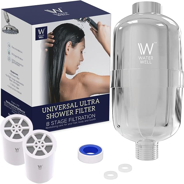 WaterWell 8 Stage Shower Head Filter - 95% Removal of Chlorine and Water Impurities for Healthier Hair and Skin - 2 Cartridges Included - No Tools Required