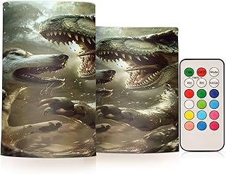 A Dinosaur Fighting A Husky Flickering Flameless Candles Battery Operated with Remote Timer,Tea Light Candles LED Pillar Votive Candles set of 2 for Outdoor Indoor Decorations