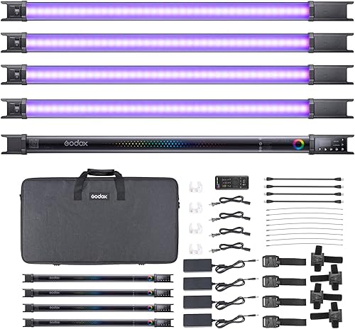 Godox Tubo de luz TL60 RGB, CRI 96 TLCI 98, temperamento de color 2700K ~ 6500K, 100% brillo (LUX), 39 efectos FX, 2.4G inalámbrico, soporte de