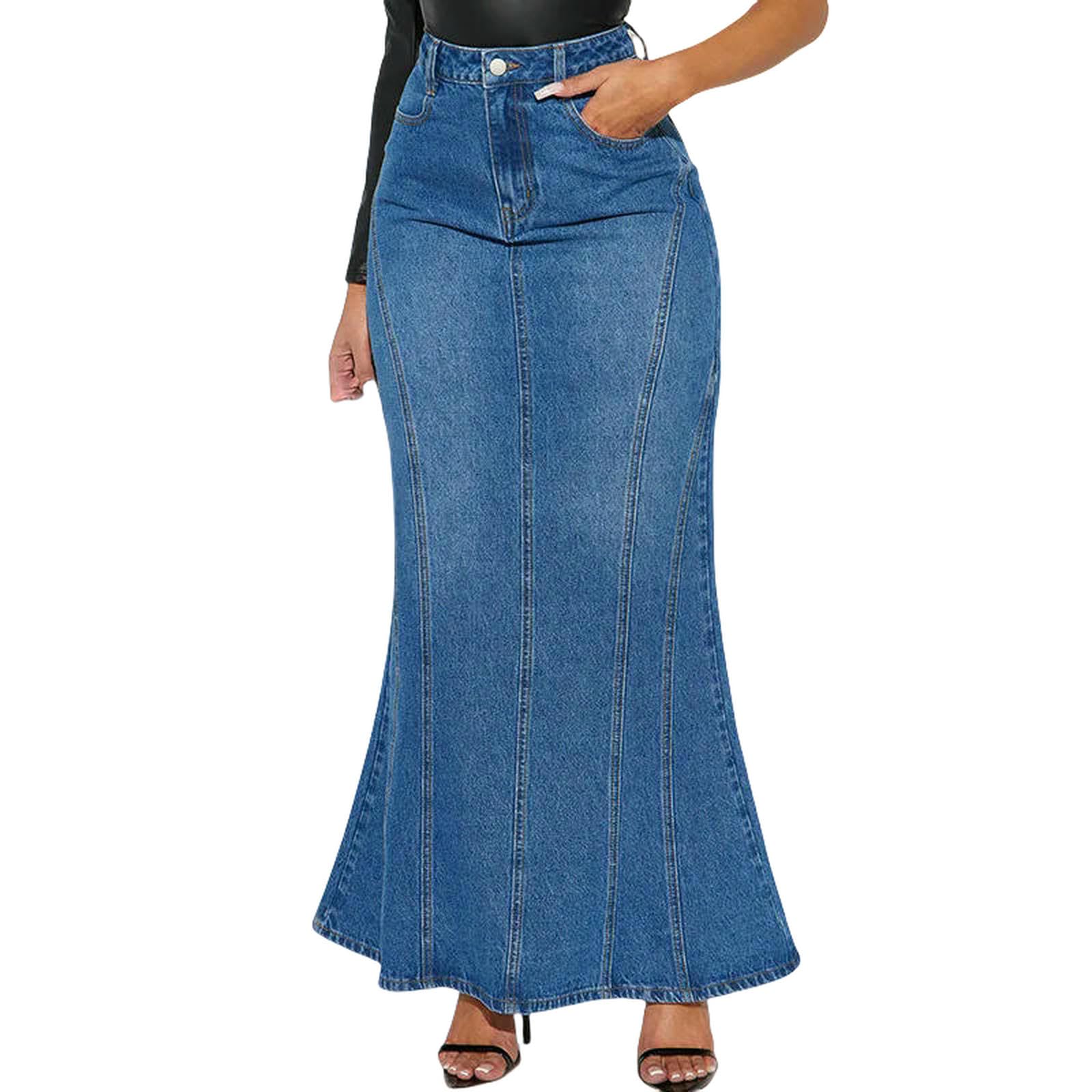 Langer Rock Damen Denim Langrock Frauen Eine Linie Dehnbare Röcke Freizeitpocket Reißverschluss Fliege Vintage Hohe Taille Streetwear-blau-l