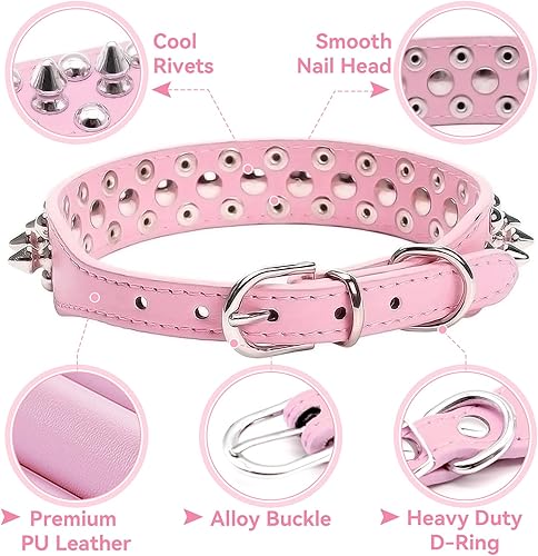 Miniatura 3 de DOGGYZSTYLE Collar de cuero con tachuelas para perros pequeños, medianos y grandes, collar de piel sintética rosa suave y ajustable, collares de