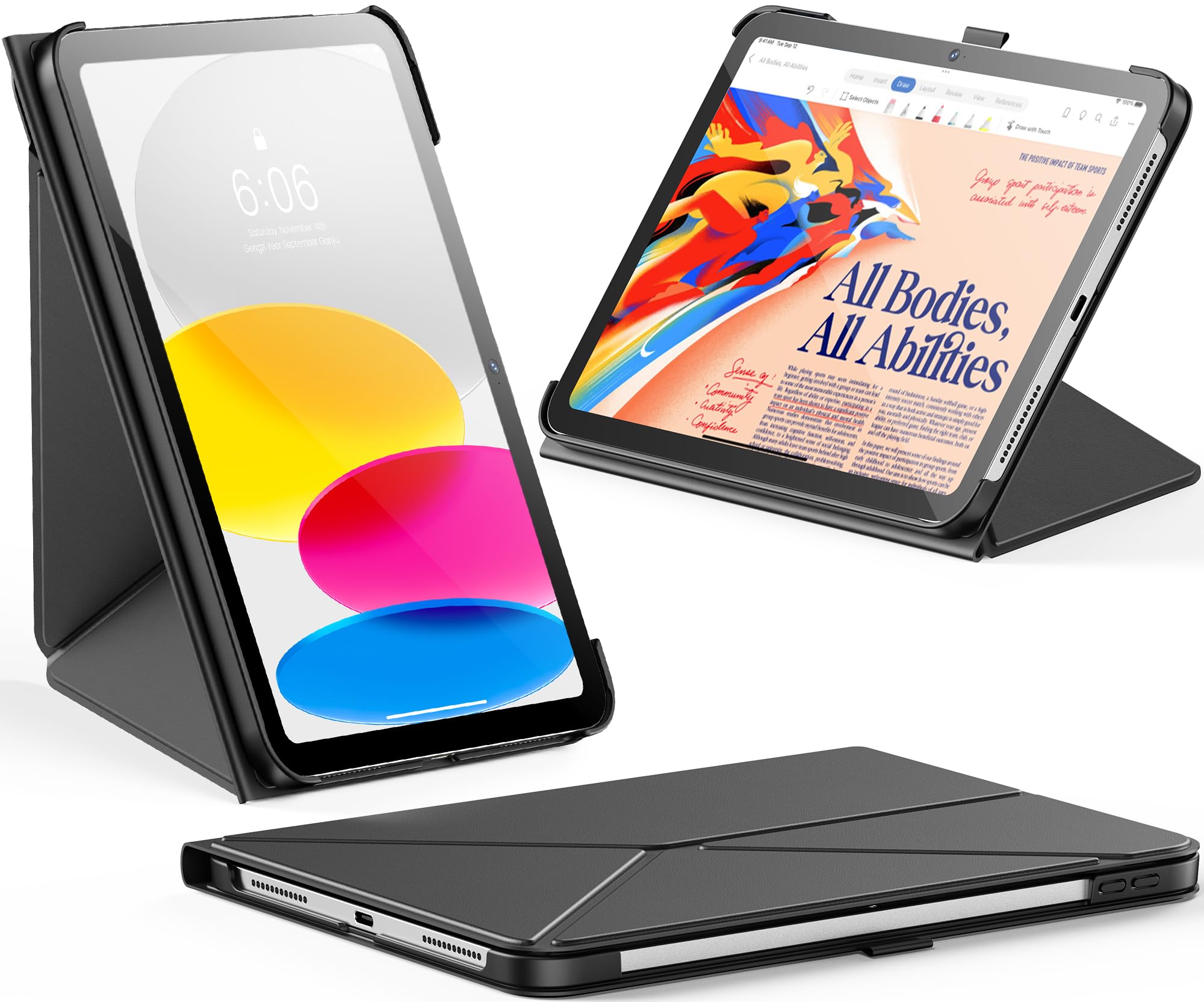 INFILAND Book Cover Hülle für iPad (A16) 11./10. Generation (2025/2022), Faltbarer Ständer für Quer- und Hochformat, Auto Schlaf/Aufwach Funktion,Schwarz