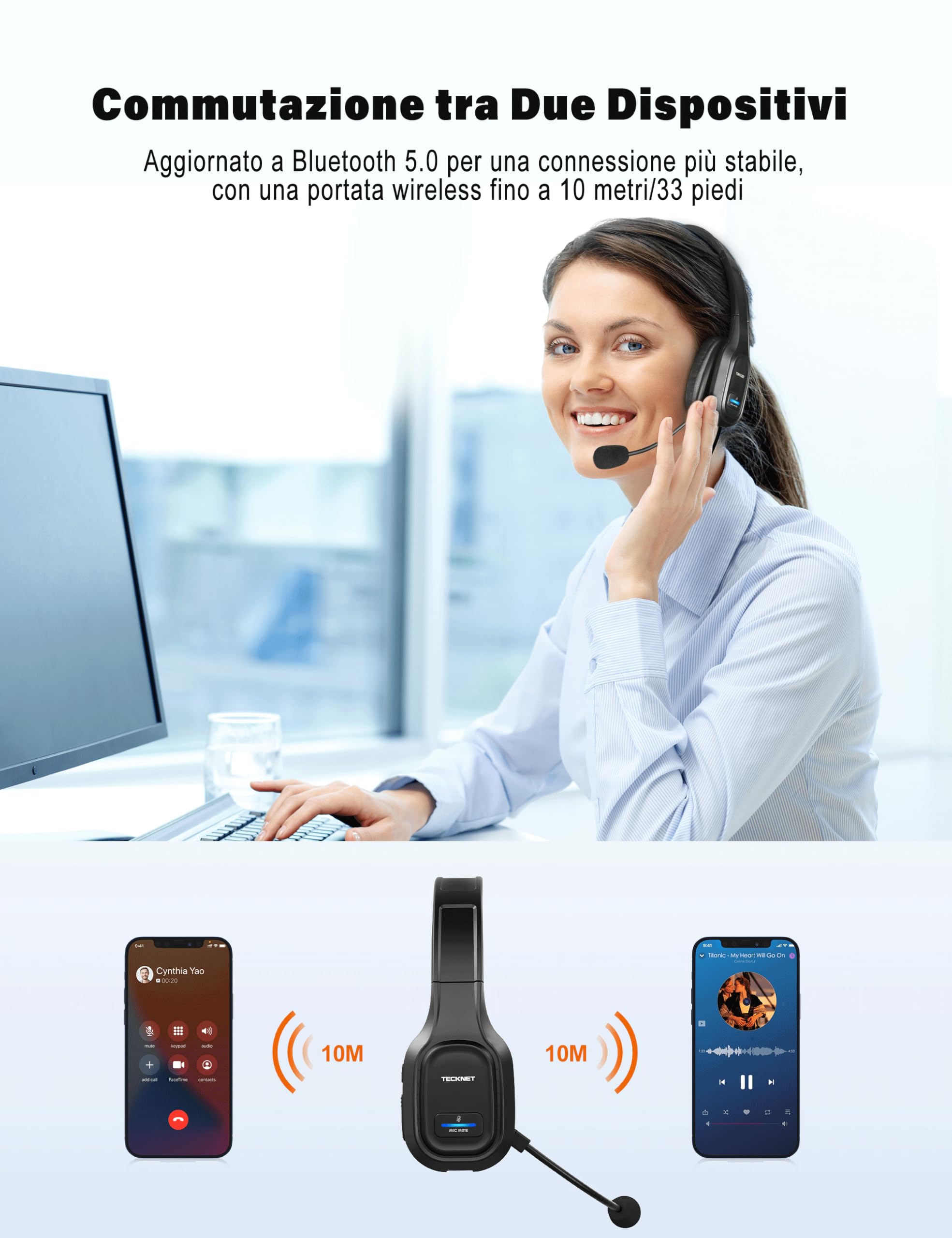 TECKNET Cuffie Bluetooth Senza Fili con Micro, Riduzione del Rumore Cuffie Audio 32-36 Ore di Autonomia per PC Portatile Computer/Call Center/Telefoni/Skype/Ufficio/Zoom/Camion Driver