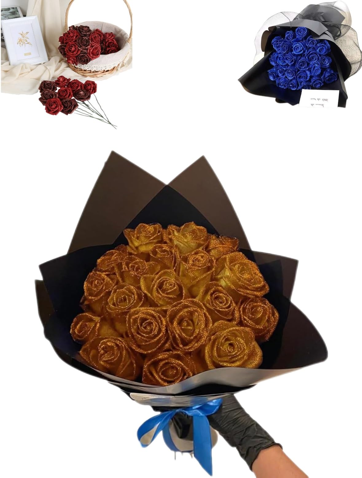 Amazon｜グリッター付きホワイトローズブーケ卒業式、グリッターローズ