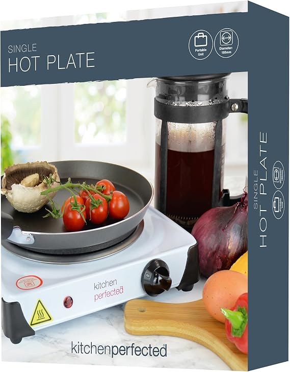 KitchenPerfected 1500W Single Hotplate / Cast Iron / Variable Heat Settings / Overheat Protection / Corrosion Resistant / Power Indicator / Non Slip Feet / Easy Clean - White - E4102WH [Energy Class A]