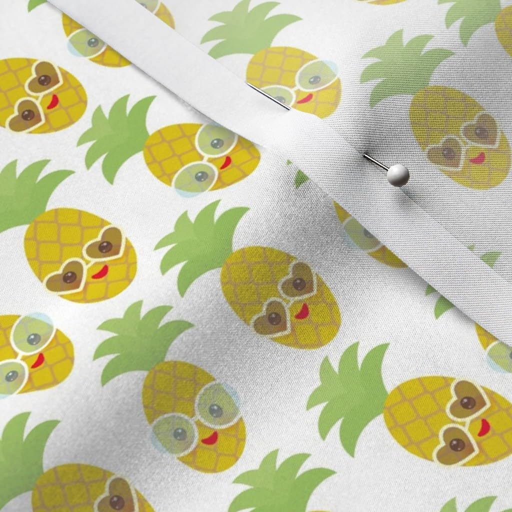 Spoonflower Fabric - Kawaii Pineapple Face Smile Eyes Sunglasses White Background Fruit Printed on Satin Fabric by The Yard - Sewing Lining Apparel Fashion Blankets Decor