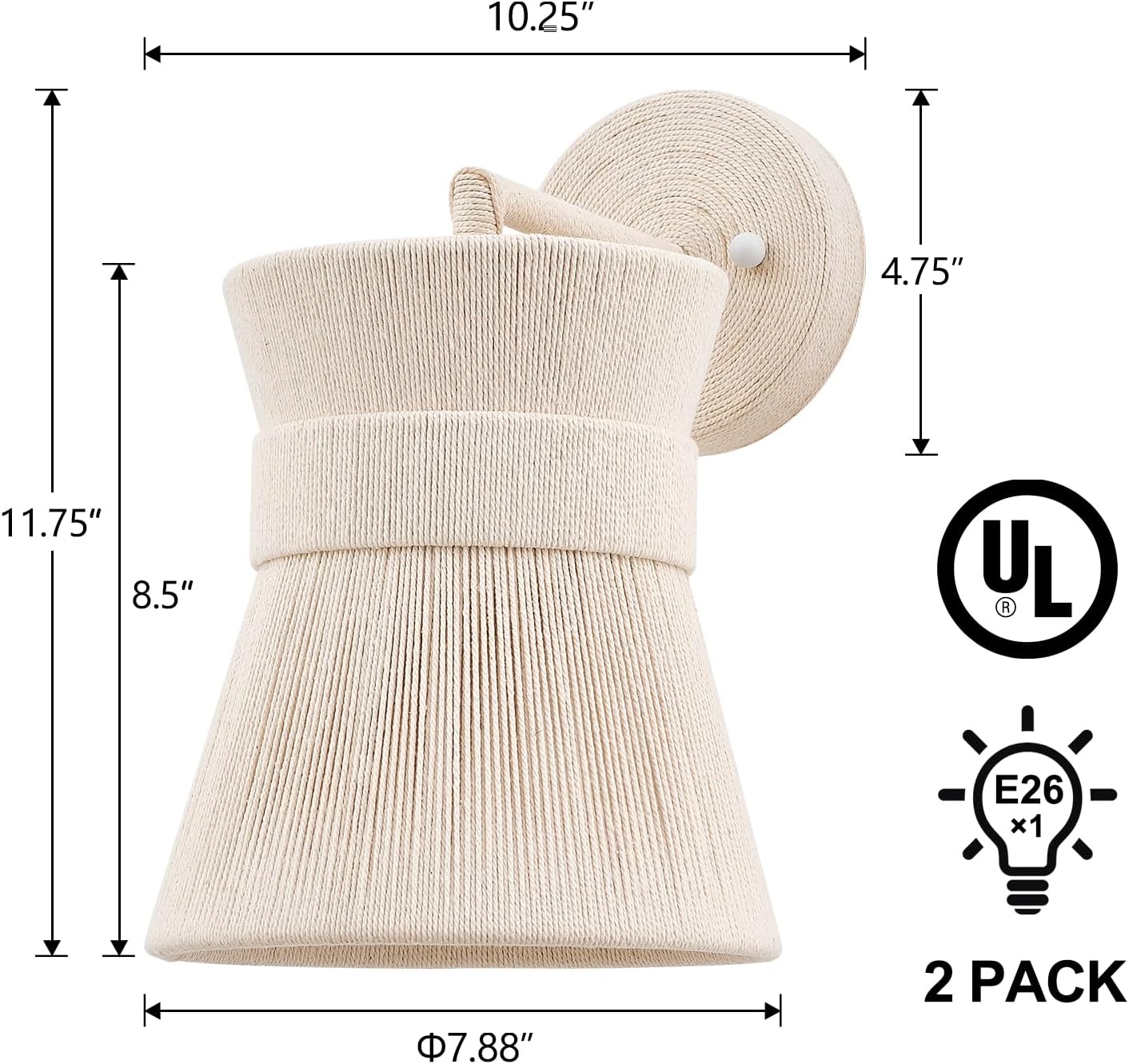 Set of Two Hand Woven Wall Sconces Boho Wall Lamp White Coastal Wall Lights for Bedside Hallway Vanity Stairway Fireplace Living Room, UL Listed