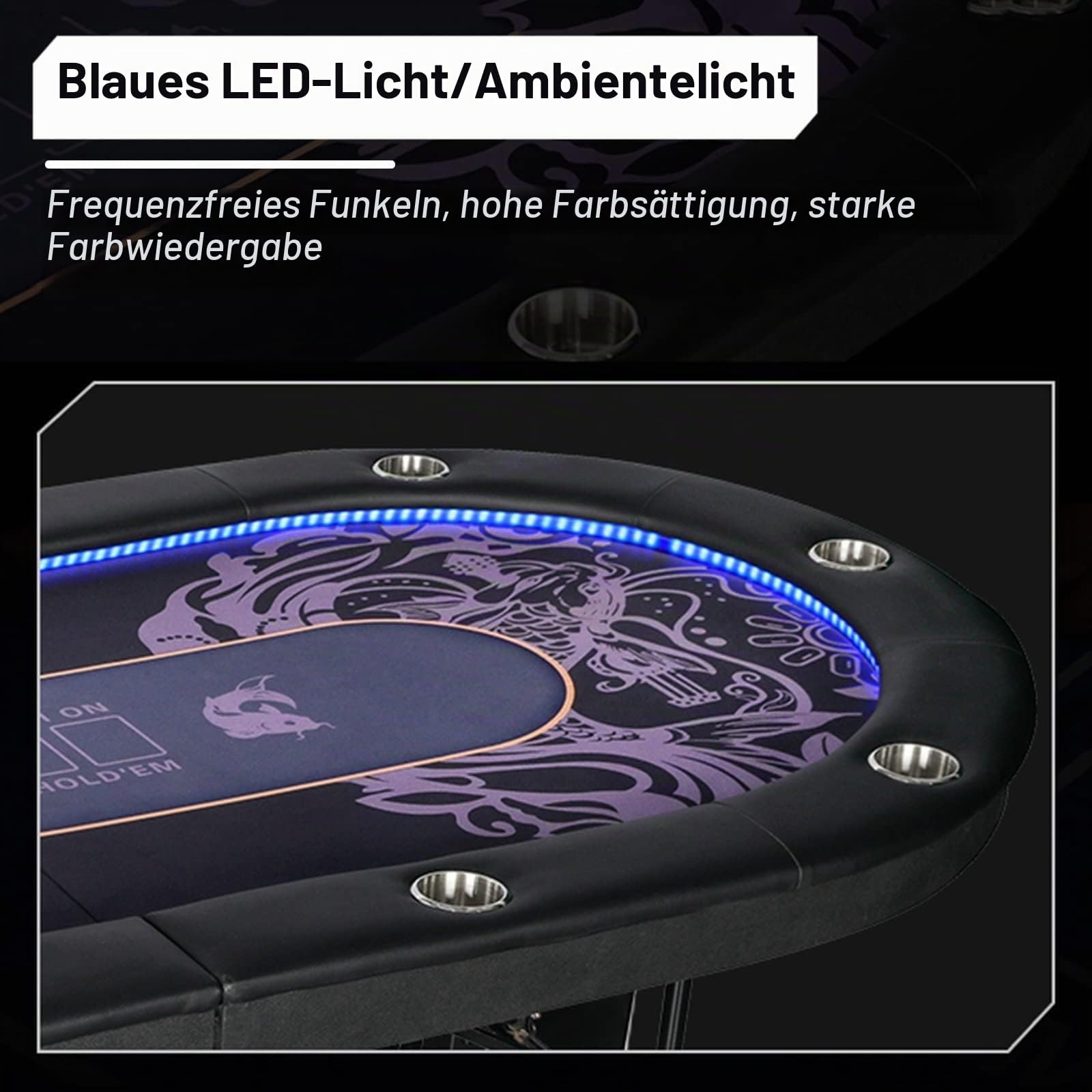 Klappbarer Pokertisch für 10 Spieler mit blauen LED-Lichtern, Getränkehaltern aus Edelstahl und zusammenklappbaren Beinen – Casino Tischplatte Texas Holdem Pokertisch