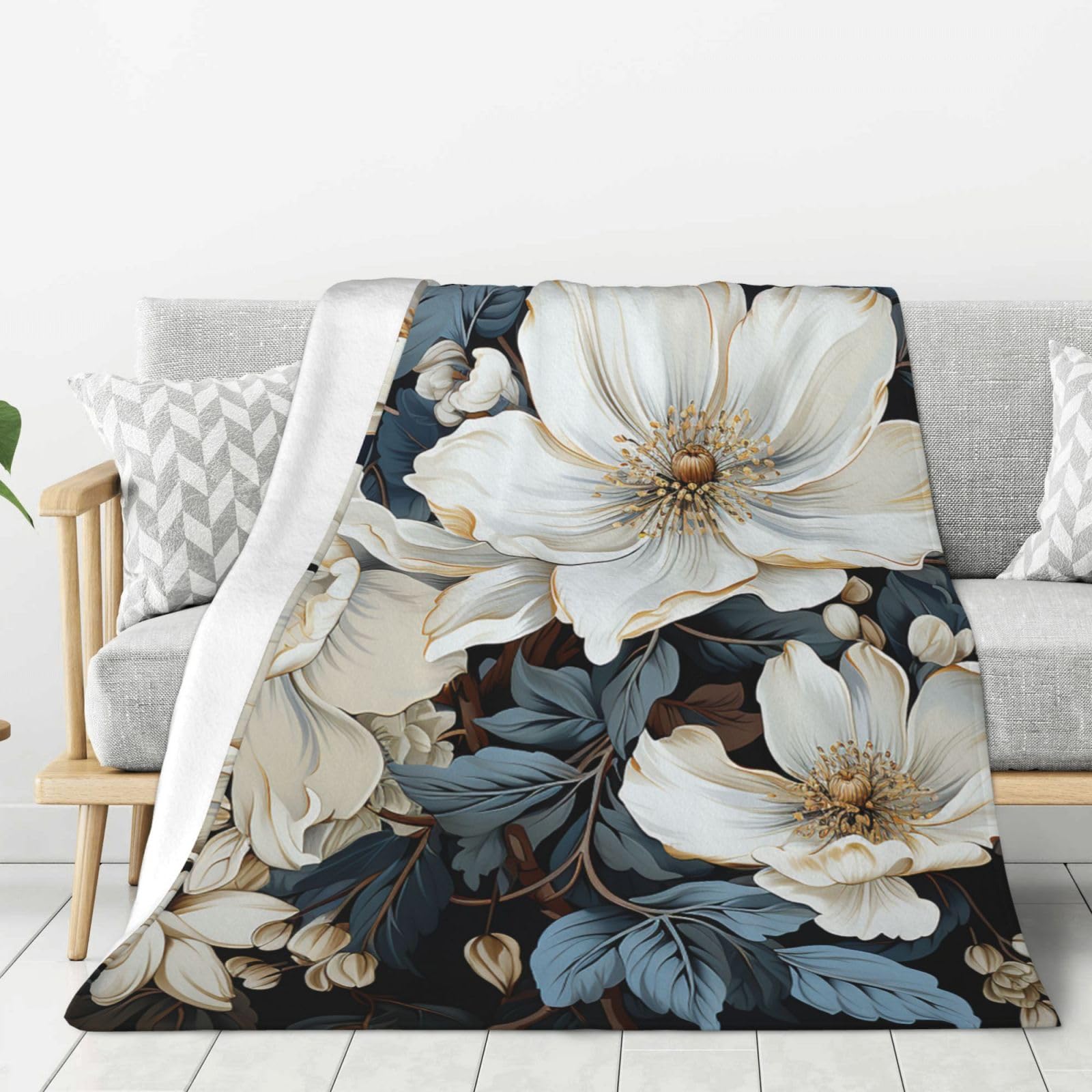 Plaid en flanelle ultra doux motif hibiscus bleu pour un hiver chaleureux