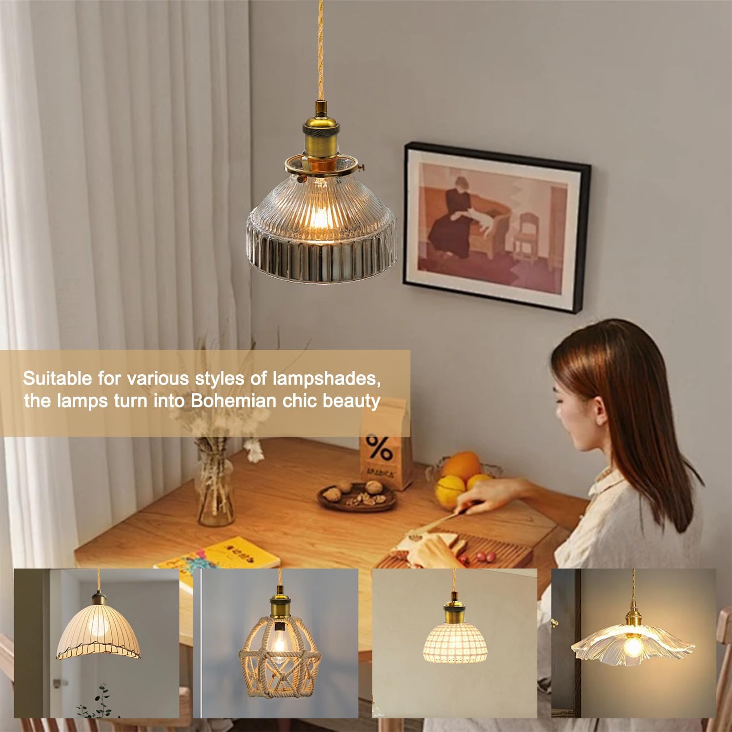 16.7ft Pendant Light Cord Kit, Brass Hanging Lights with Plug in Cord, E26 E27 Socket Plug in Pendant Lamp with Switch Vintage Hemp Rope Pendant Light Fixture for Farmhouse Lamp Fixture DIY