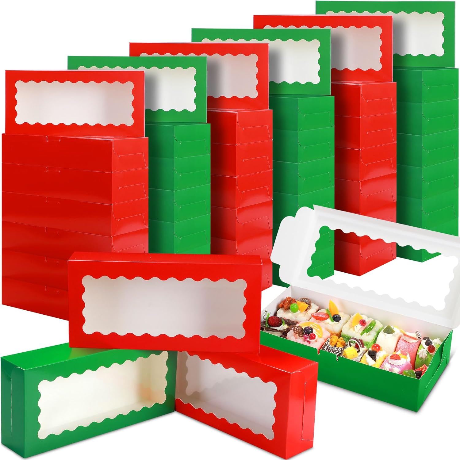 Gilprop 100 Pcs Chritsmas Cookie Boxes Red and Green Treat Boxes with Window 12 x 5.5 x 2.5inch Large Gift Holiday Bakery Box Candy Containers for Christmas Party Favors for Donuts Cupcake