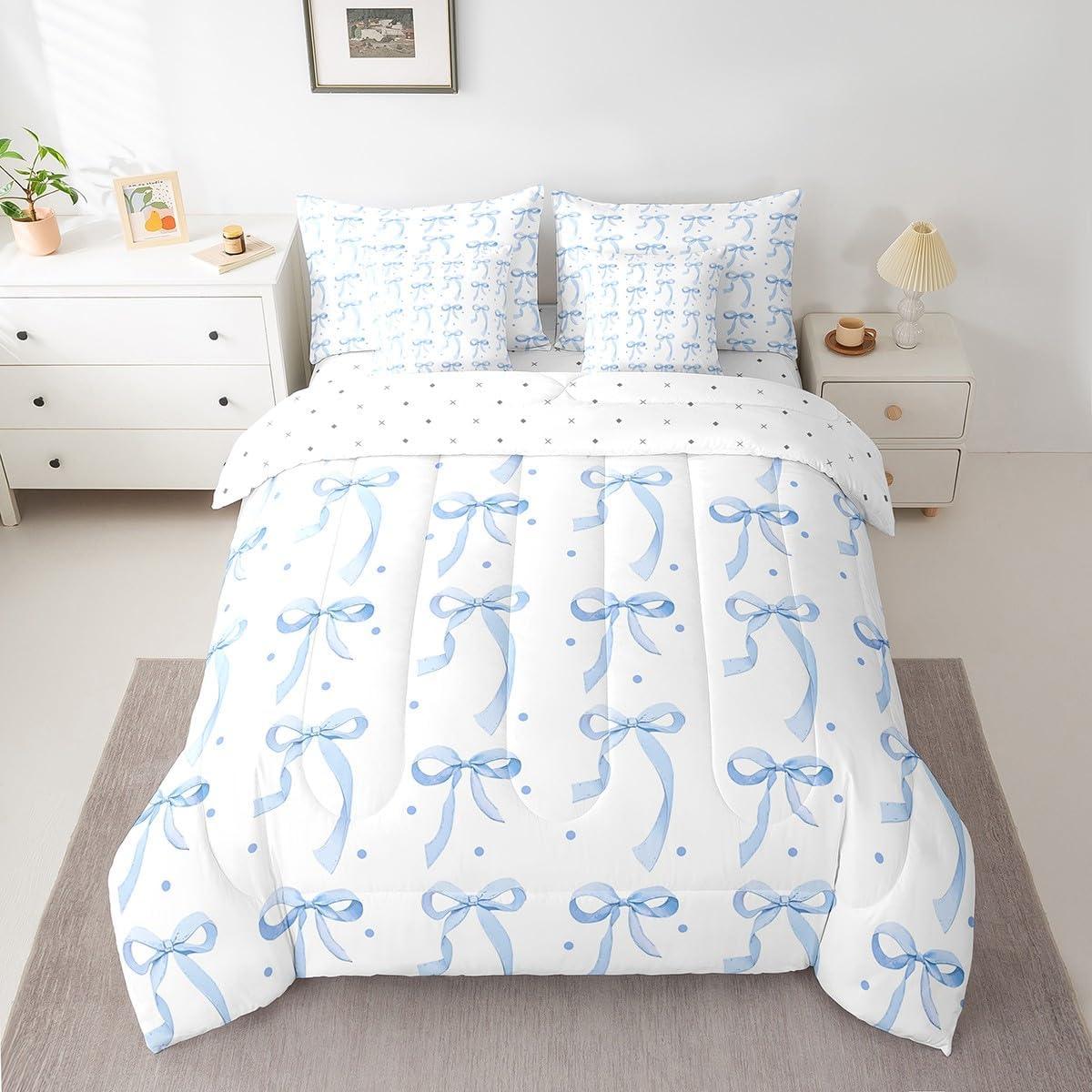 Feelyou Blue Bowknot Bed in a Bag Bow Knot Comforter Set with Sheets for Boys Girls Bow Tie 7 Piece Bedding Set Lightweight Princess Style Bed Set Twin Size