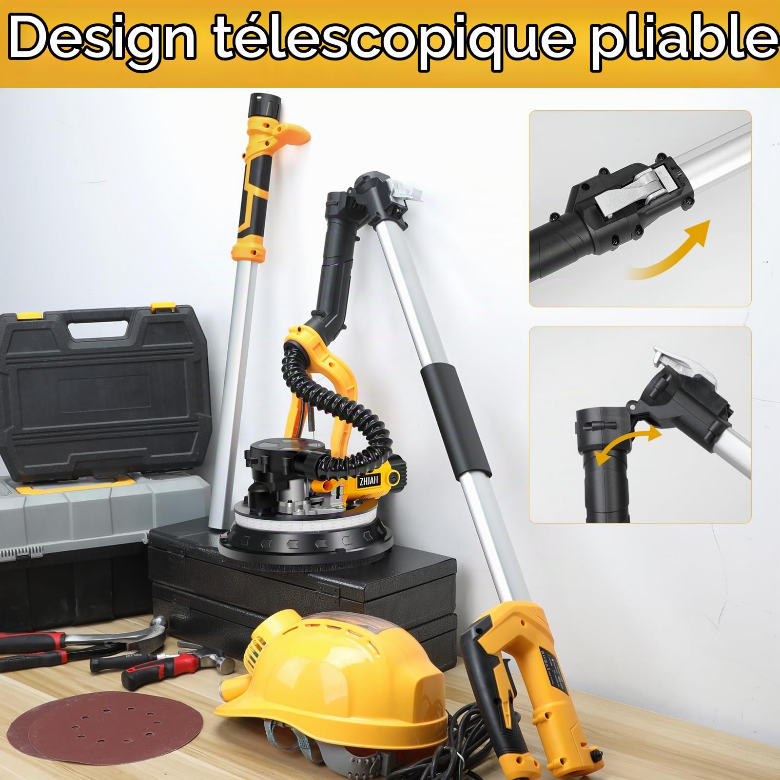 Ponceuse Girafe 880W, Ponceuse Murale et Plafond avec Aspirateur Intégré, 5 Vitesses Variables (1000-2100 RPM), Poignée Télescopique Pliable, LED, pour Plâtre et Placoplâtre