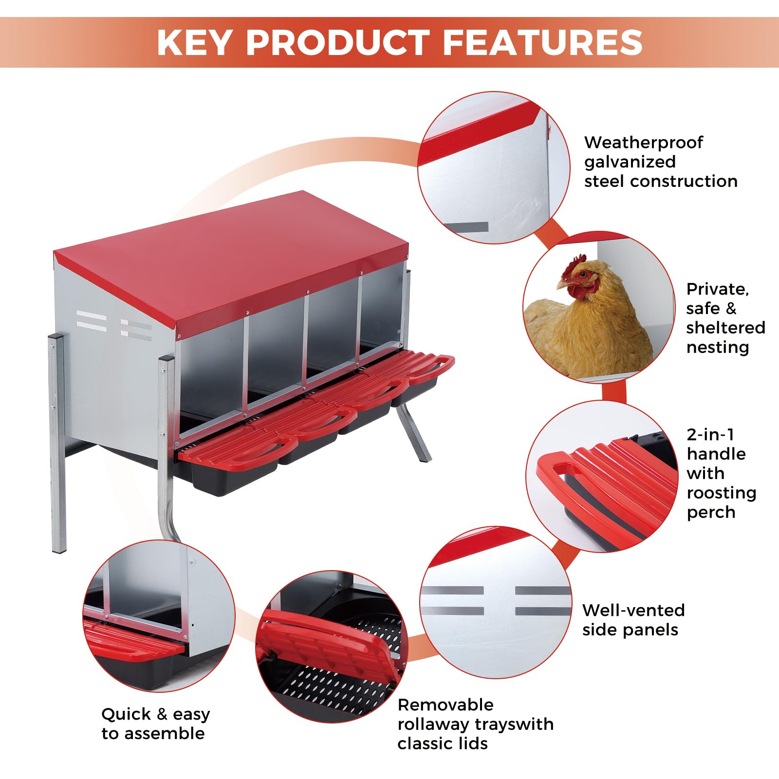 IDEALHOUSE Rollaway - Nido per polli in acciaio zincato, scarico automatico delle uova, cassetto e ventilazione, montaggio a parete, 4 scomparti + supporto, rosso