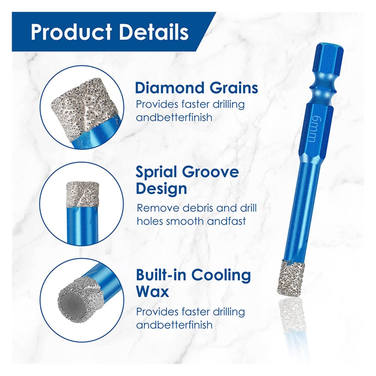 Juego de brocas diamante en seco - Kit 5/7/10 piezas | En 6/8/10/12 mm for porcelana, granito, azulejos, vidrio, cerámica y mármol.(10pcs set)
