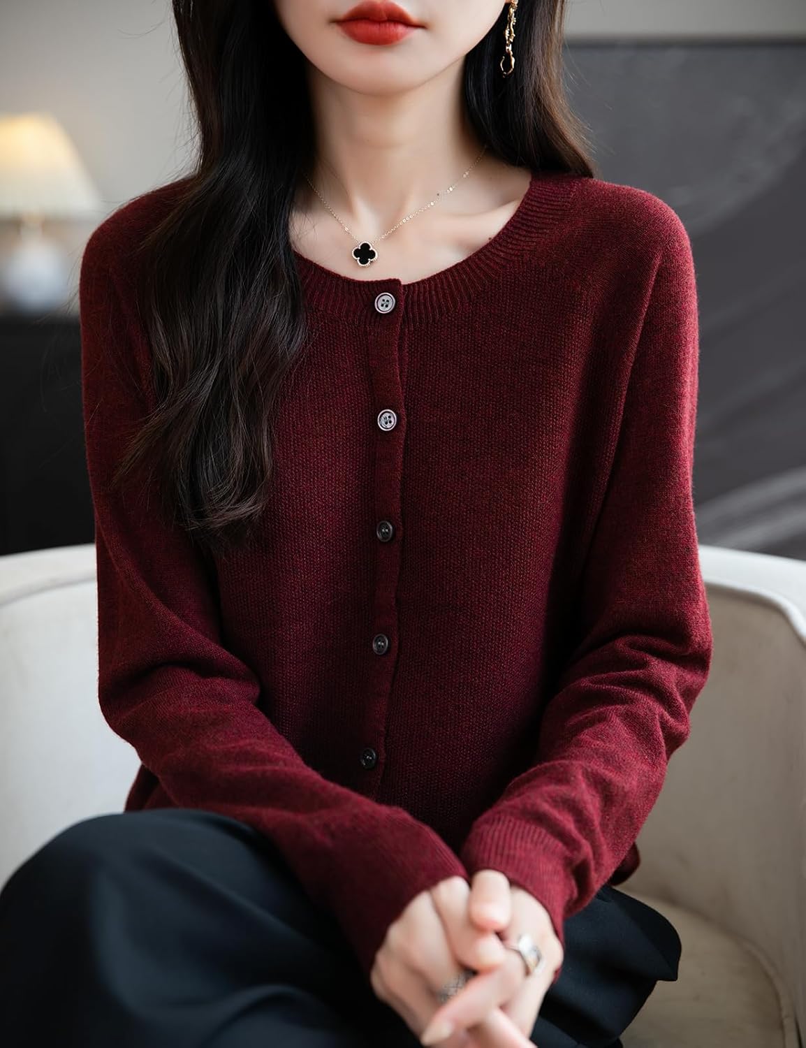 Women's Merino Wool Blend Cardigan Crew Neck Fall Winter Long Sleeve First-Line Ready to Wear Seamless Knit - Image 2