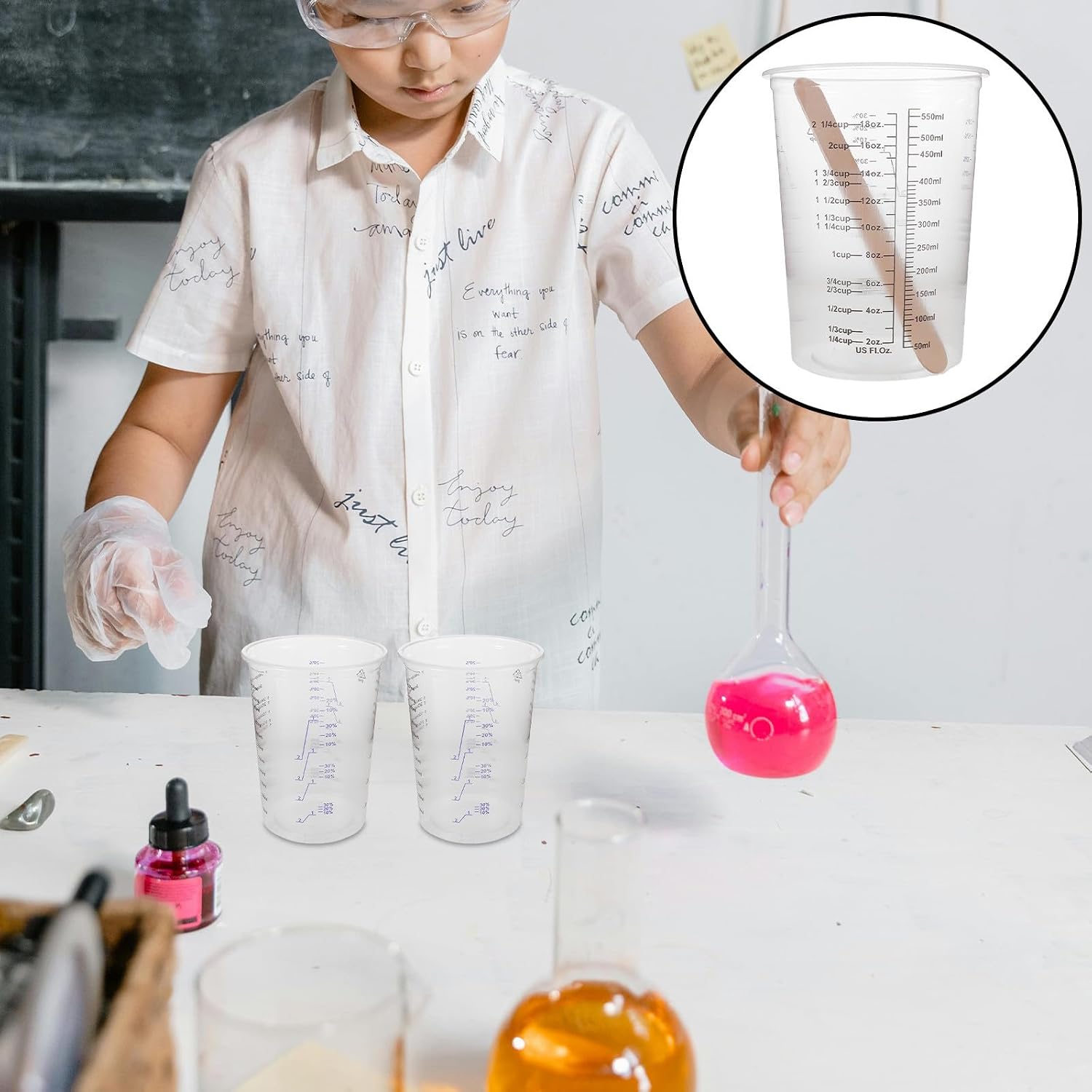 50 Set 600ml Epoxy Resin Mixing Cups with Graduated Markings, Pp Plastic Beakers Featuring Wide Mouth and Efficient Pouring Design, Includes Wood Stirring Sticks for Professional