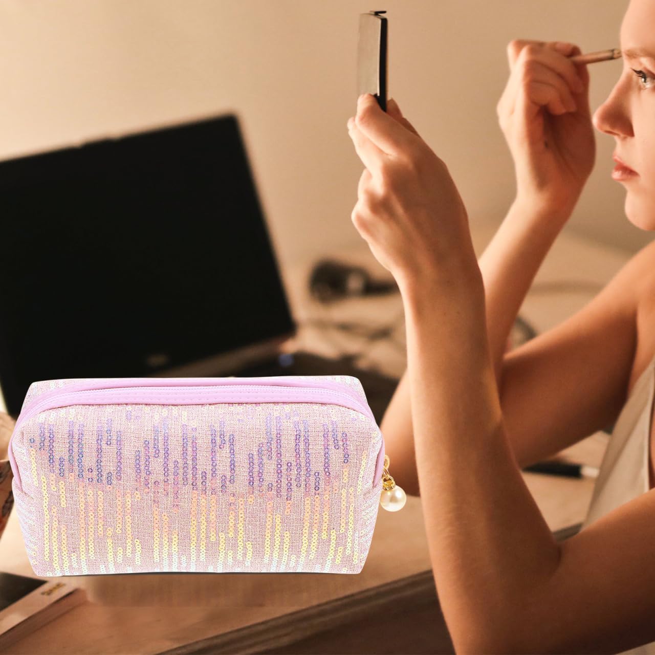 Glitter Makeup Bag - 8inch Portable Cosmetic Bag for Women, Trendy Shimmery Evening Purse, Travel Makeup Pouch with Zipper, Sequin Pink Cosmetic Case - Image 4