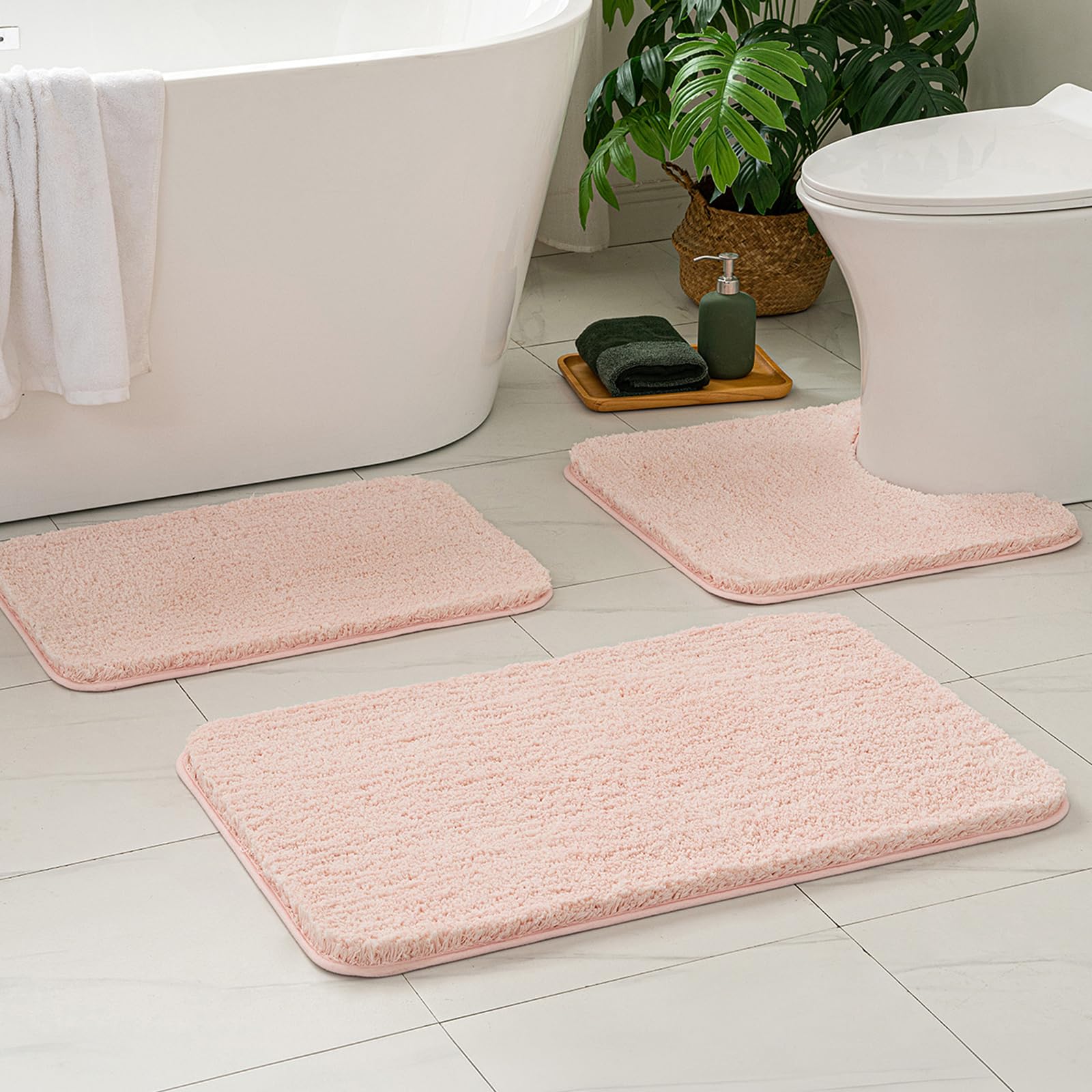 MIULEE Pink Bathroom Rugs Sets 3 Piece Including U Shaped Toilet Rug - Soft Absorbent Bath Mats Set with Non Slip Rubber Backside, Machine Washable - Blush, 20"x30"+16"x24"+U 20"x20"