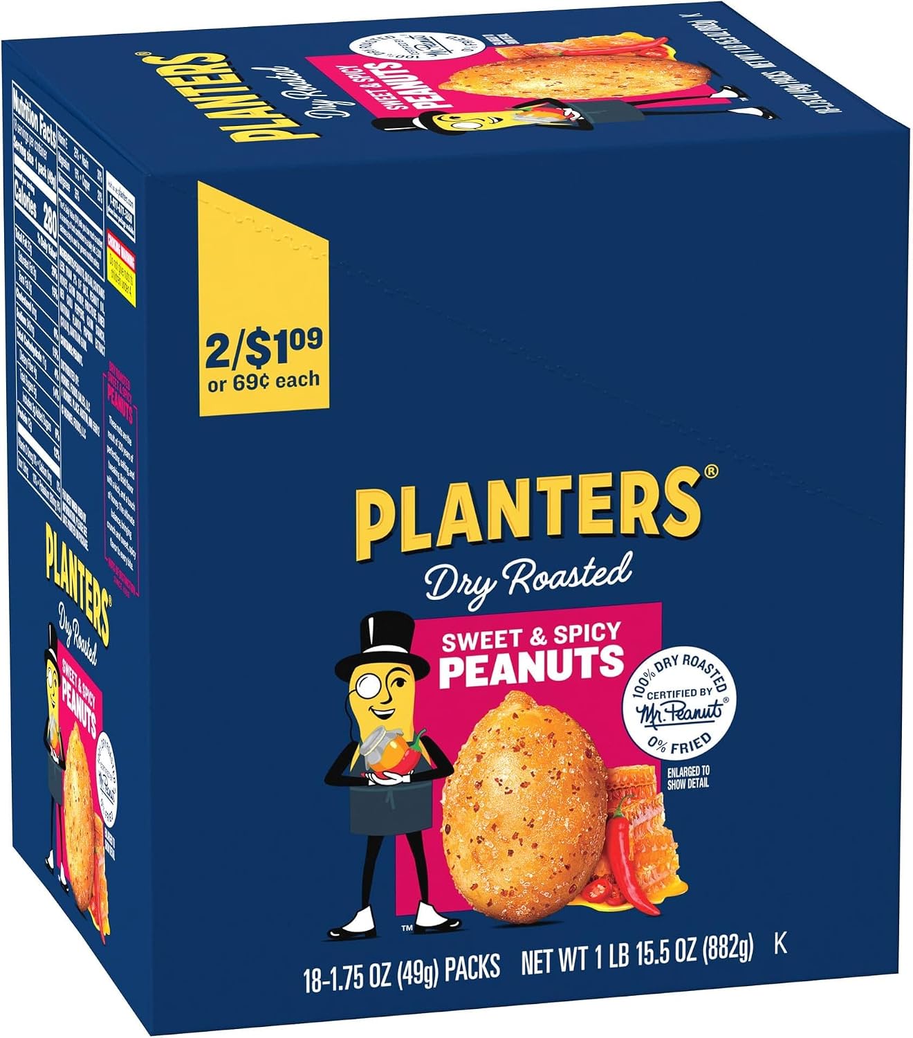 PLANTERS Sweet and Spicy Peanuts, Dry Roasted Peanuts, Spicy Nuts, Nuts Individual Packs, Party Snacks, Snack Nuts, Snacks On the Go, Kosher, 1.75oz (108 Pack)