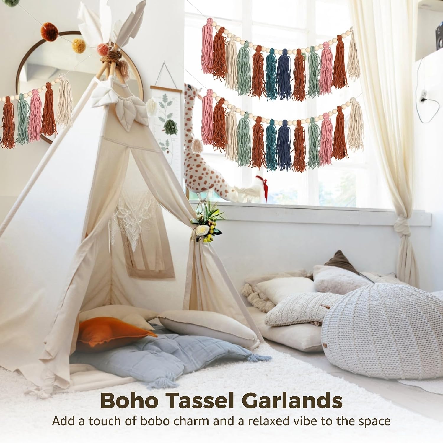 3 Pcs Tassel Garlands, 33.1 in Bohemian Rainbow Wall Decor with Wood Beads, Colorful Tassel Garland for Home Decor, Nursery, Party Decorations