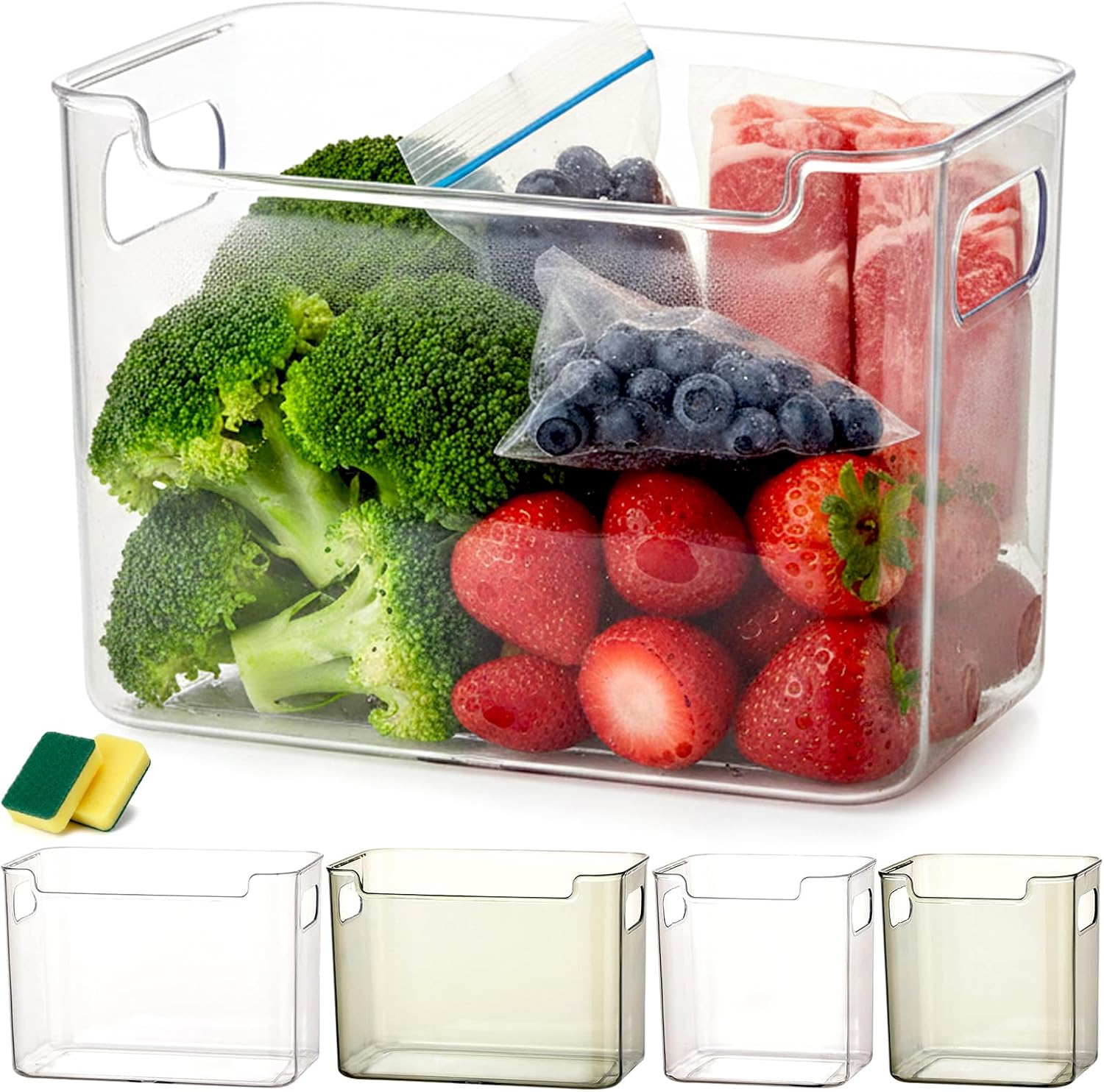 2026 Crystal Clear Freezer Storage Bins with Handles, freezer storage bins for bottom, Stackable Refrigerator Organizer Bins for Fridge, Clear Plastic Food Storage Containers (1, Transparent White, L)