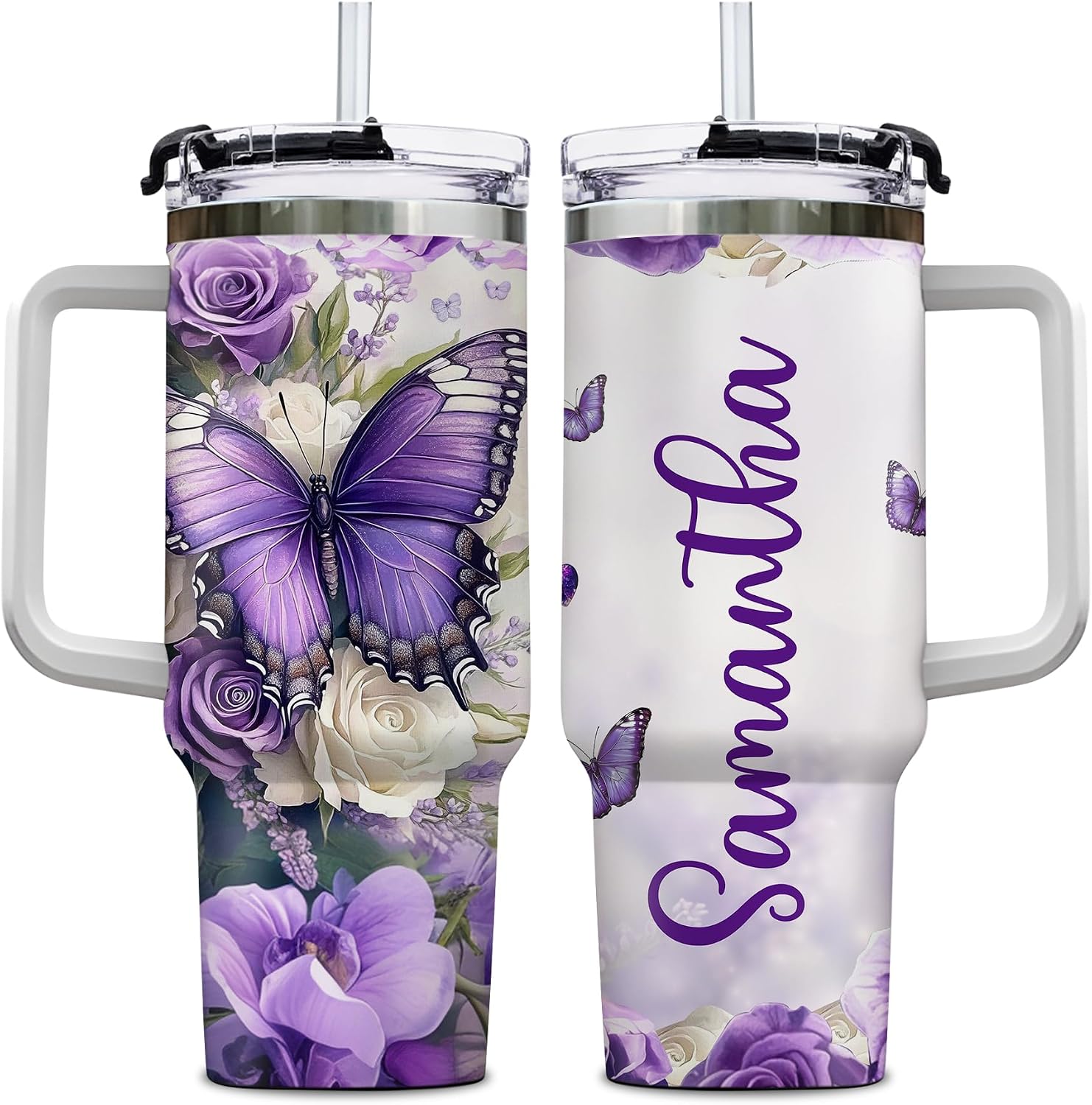 Hyturtle Personalized Butterfly 40oz Tumbler with Handle and Straw Gifts for Butterfly Lovers, Beautiful Mother's Day Birthday Gifts Idea for Women, Sisters, Custom Name Stainless Steel Travel Cup