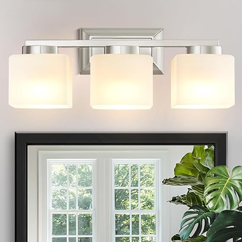 Miniatura 8 de Lámparas de baño de 3 luces, luces doradas para tocador de baño con pantalla de vidrio, accesorios de iluminación modernos sobre espejo, lámparas de