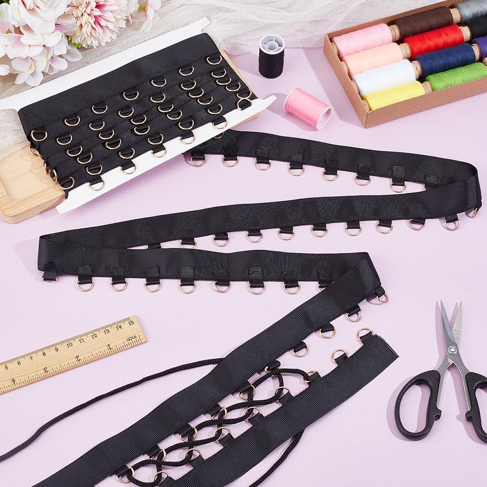 BENECREAT 5 Yards Black Grommet Trim with Gold D Rings, 1Inch Polyester Grommet Eyelet Twill Tape Trim Metal Eyelet Ring Ribbon Strip for Sewing Crafts Making