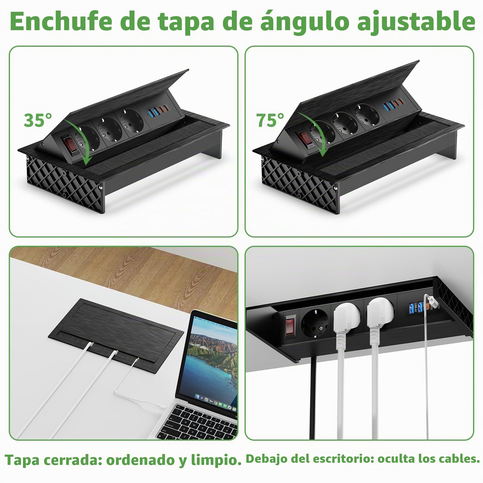 Enchufes Empotrable Mesa con USB C PD 30W, Regleta Retractil 3 Enchufes con 4 USB, Toma Empotrable Escritorio para Encimera, Cocina, Oficina, Cable de 1,8 m, Negro