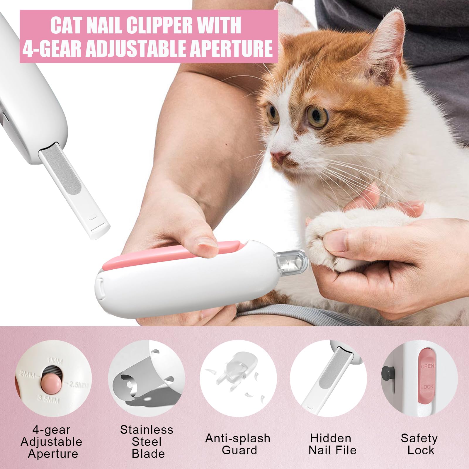 Cat Nail Clipper with Adjustable Aperture, Small Dog Nail Trimmer with 4 Gears & Nail File, Safe Pet Claw Clipper Grooming Tool to Avoid Over Cutting, Professional Pet Nail Cutter for Beginners (Pink)