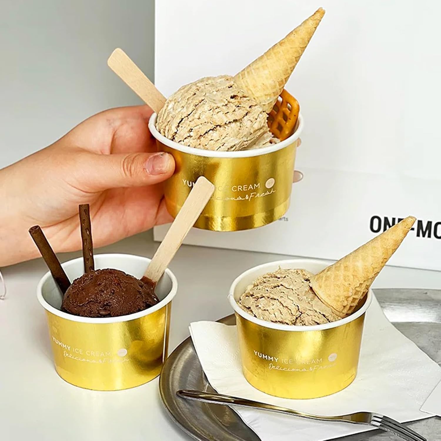 Gold Ice Cream Paper Cups 7 oz [50 pack] Disposable Dessert Bowls | Hot Cold Food Container Birthday Christmas Party Supplies Treat Snack Gold Foil Bowls for Frozen Yogurt Bar Diners Bakeries