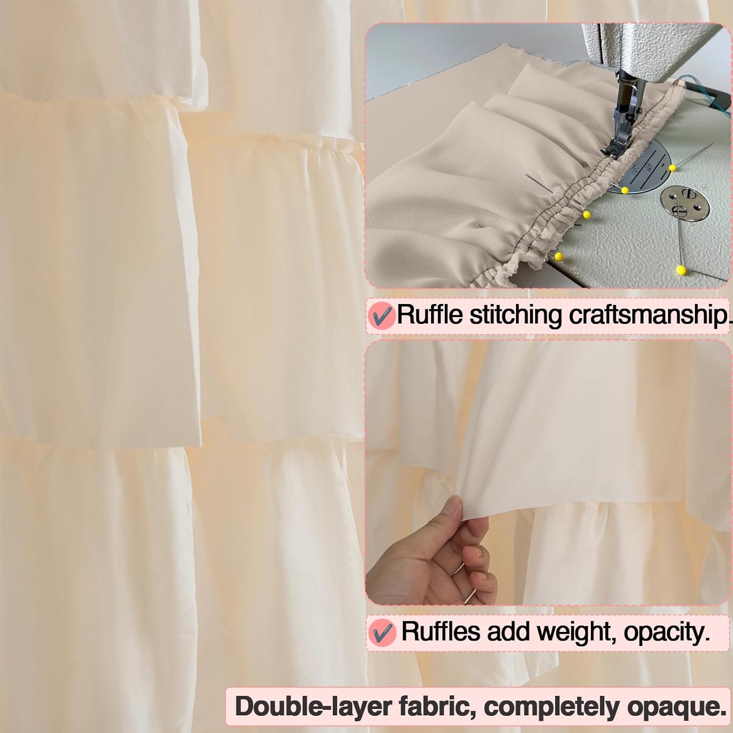 Beige Ruffle Shower Curtain - Farmhouse Ruffled Design, Cream Boho Bathroom Curtain with Elegant Layered Ruffles, Rustic Shabby Chic Style, 72x72 Fabric Decorative Drapes