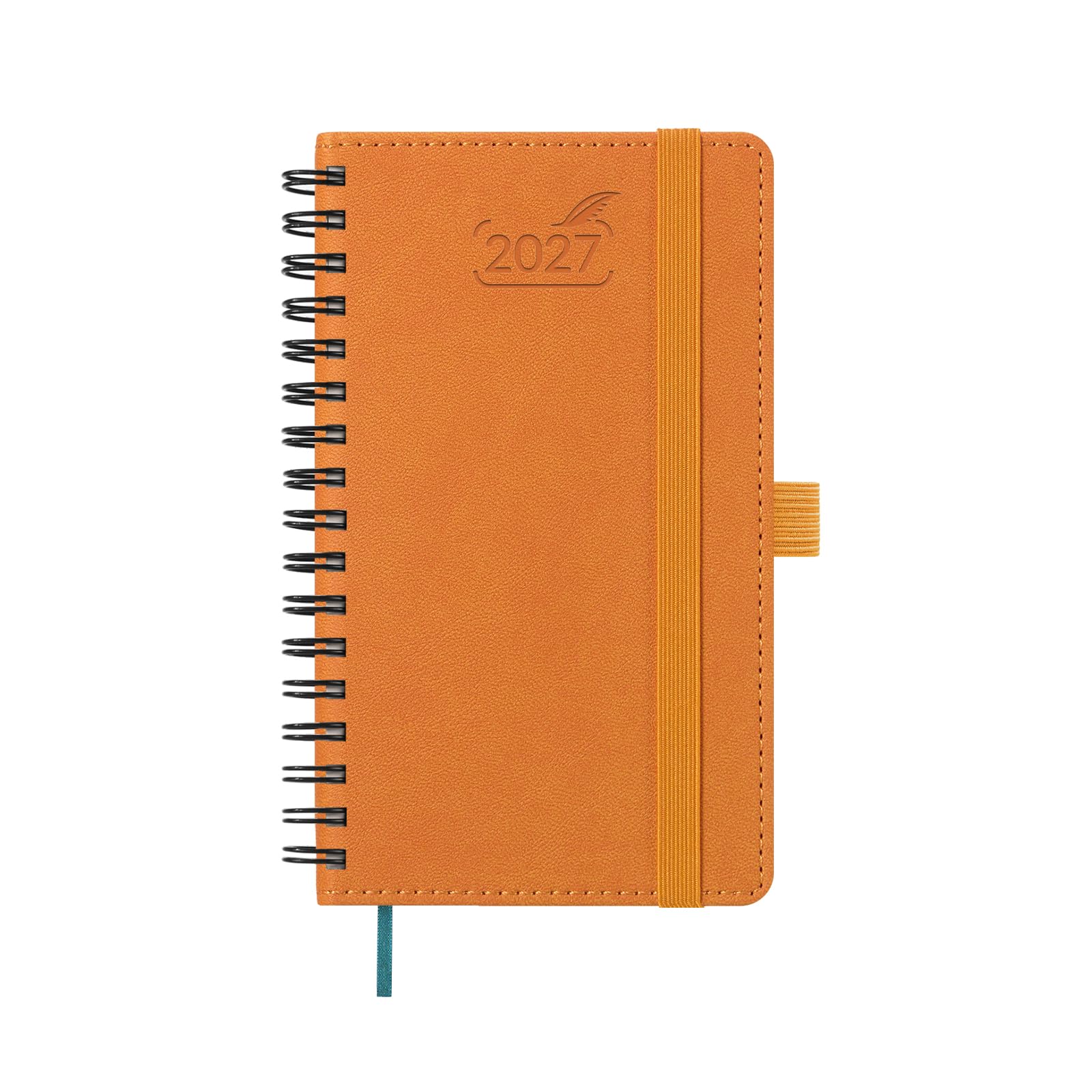 BEZEND Pocket Diary 2027 A6 Week to View Spiral 15.5 x 9 cm. Horizontal Weekly Planner with Pen Holder & Inner Pocket, Slim Appointment Diary for Work Travel Home, Vegan Leather Softcover, Orange
