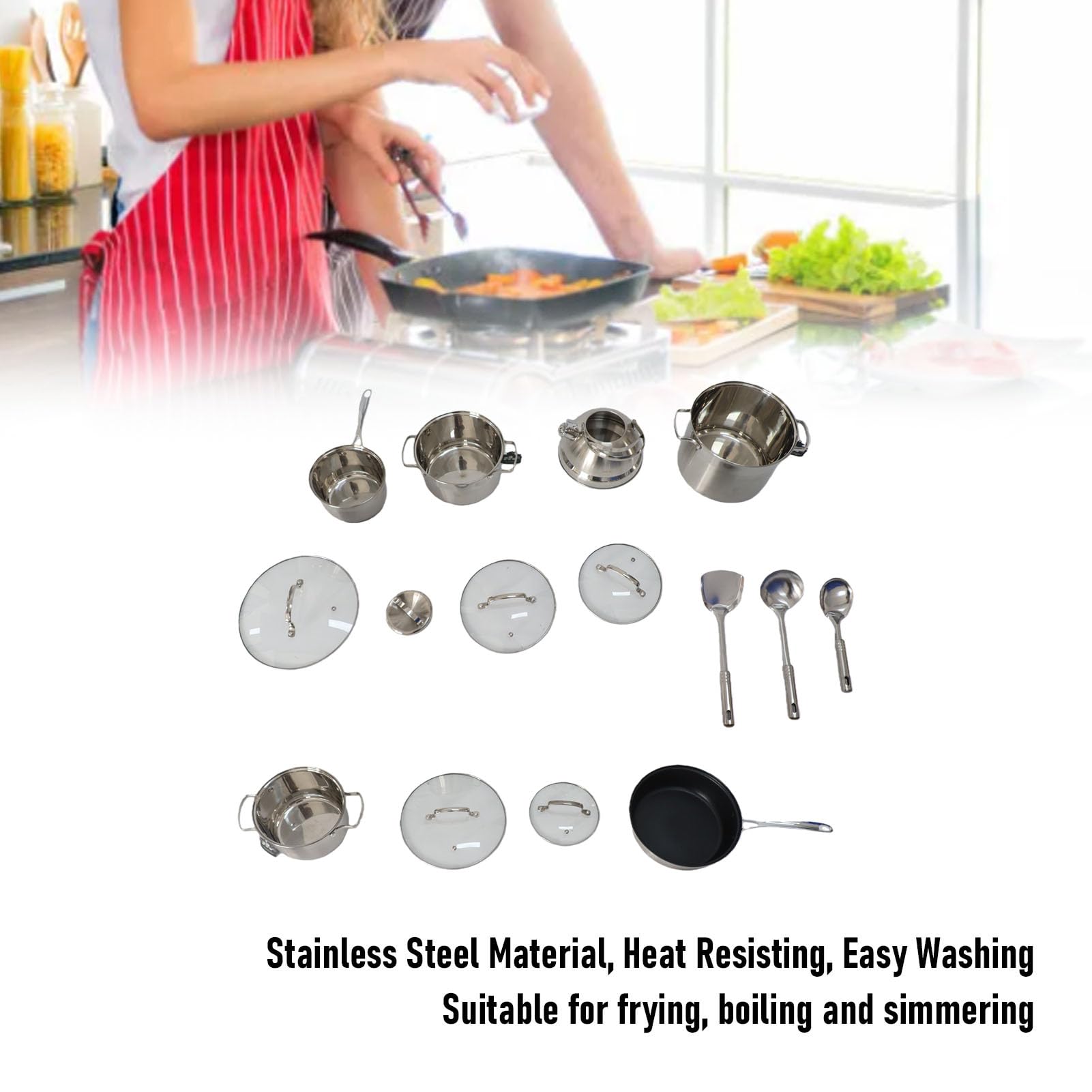 SIXRUN Juego de Utensilios de Cocina de Acero Inoxidable, Juego de Ollas y Sartenes de 15 Piezas con Tapas de Vidrio, 3 Cacerolas, Sartén, Olla para Leche, Utensilios de Cocina de Fondo Plano para
