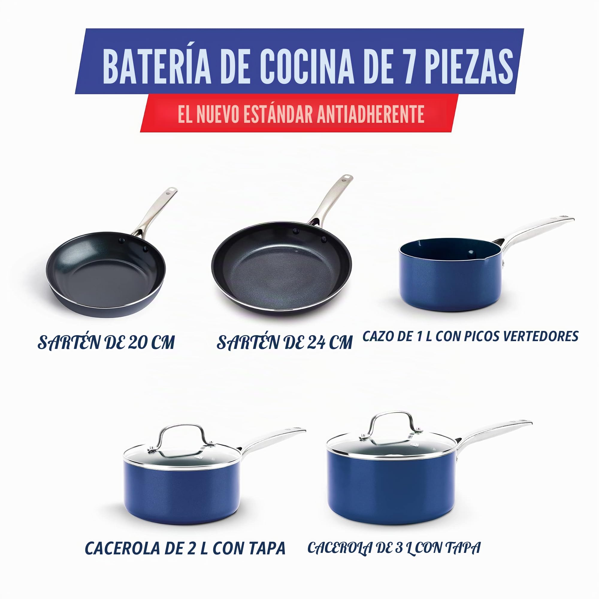 Blue Diamond Cookware Batería de Cocina Antiadherente de Ceramica Infuso de Diamantes, 7 piezas, Incluye Sartén, Cacerola, Aluminio, Sin PFAS, Inducción, Horno y Lavavajillas, Azul